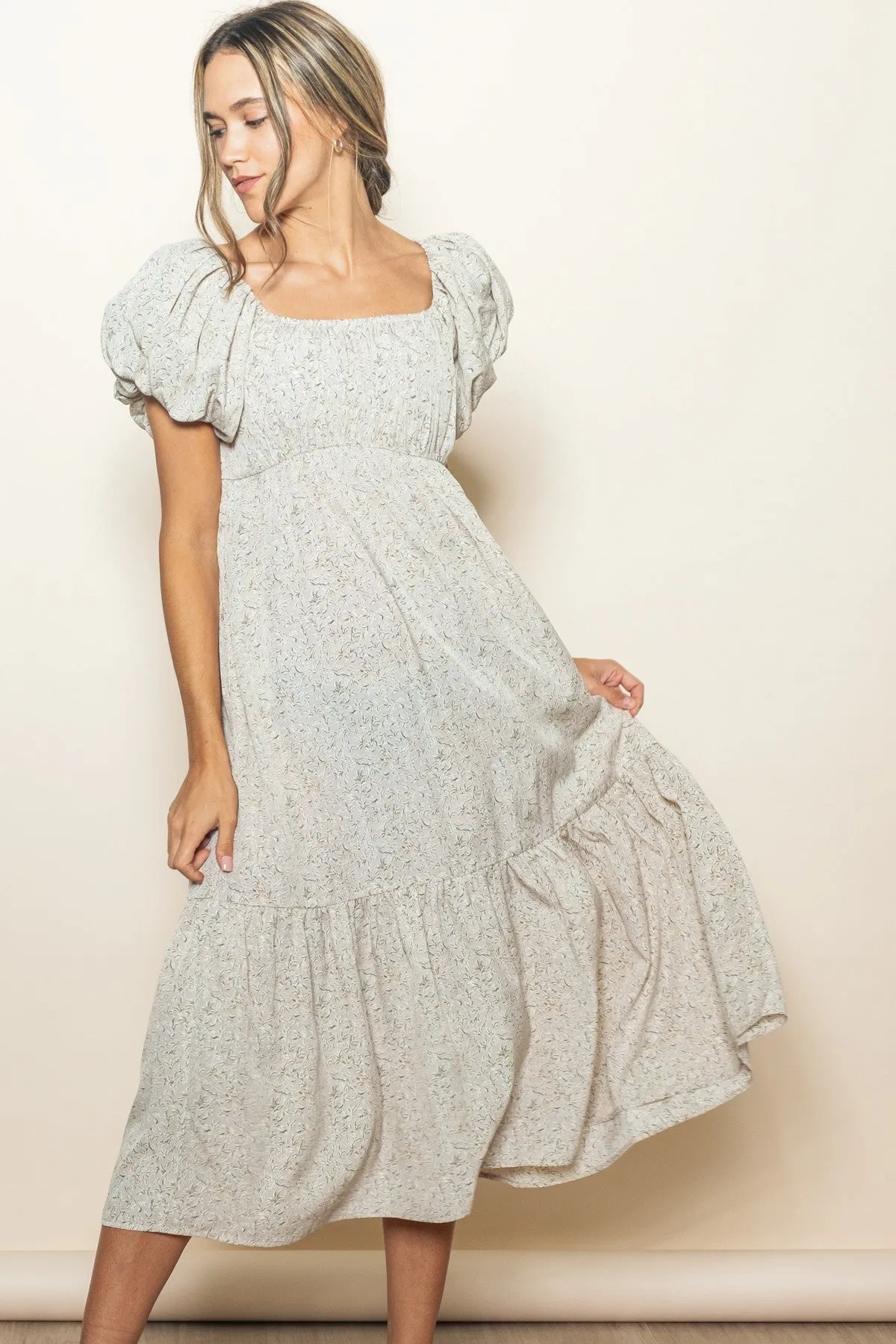 Light Taupe Floral Puffed Sleeve Midi Dress sold by Pinkblush