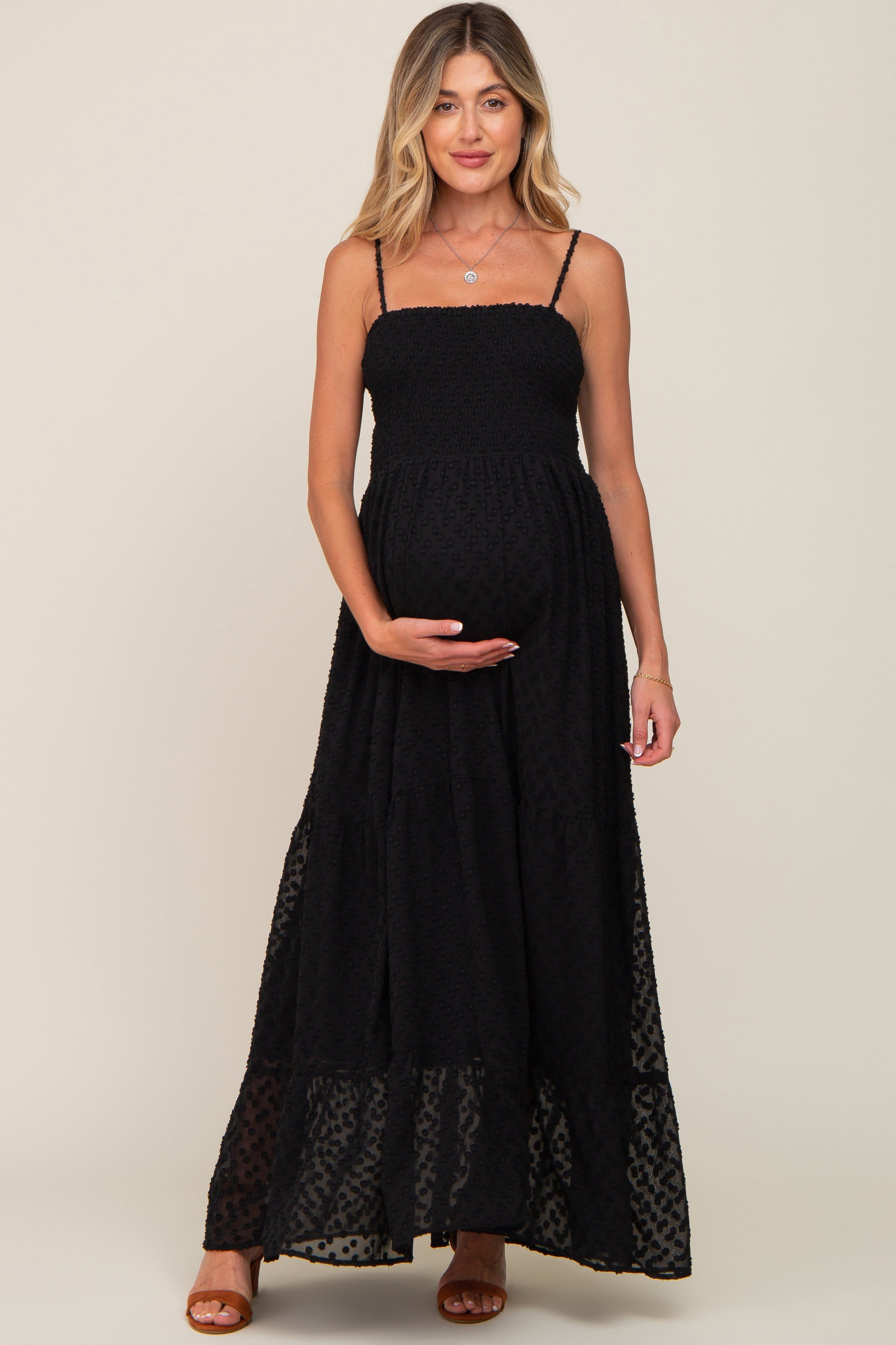 Black Textured Dot Chiffon Sleeveless Maternity Maxi Dress sold by Pinkblush product image thumbnail 5