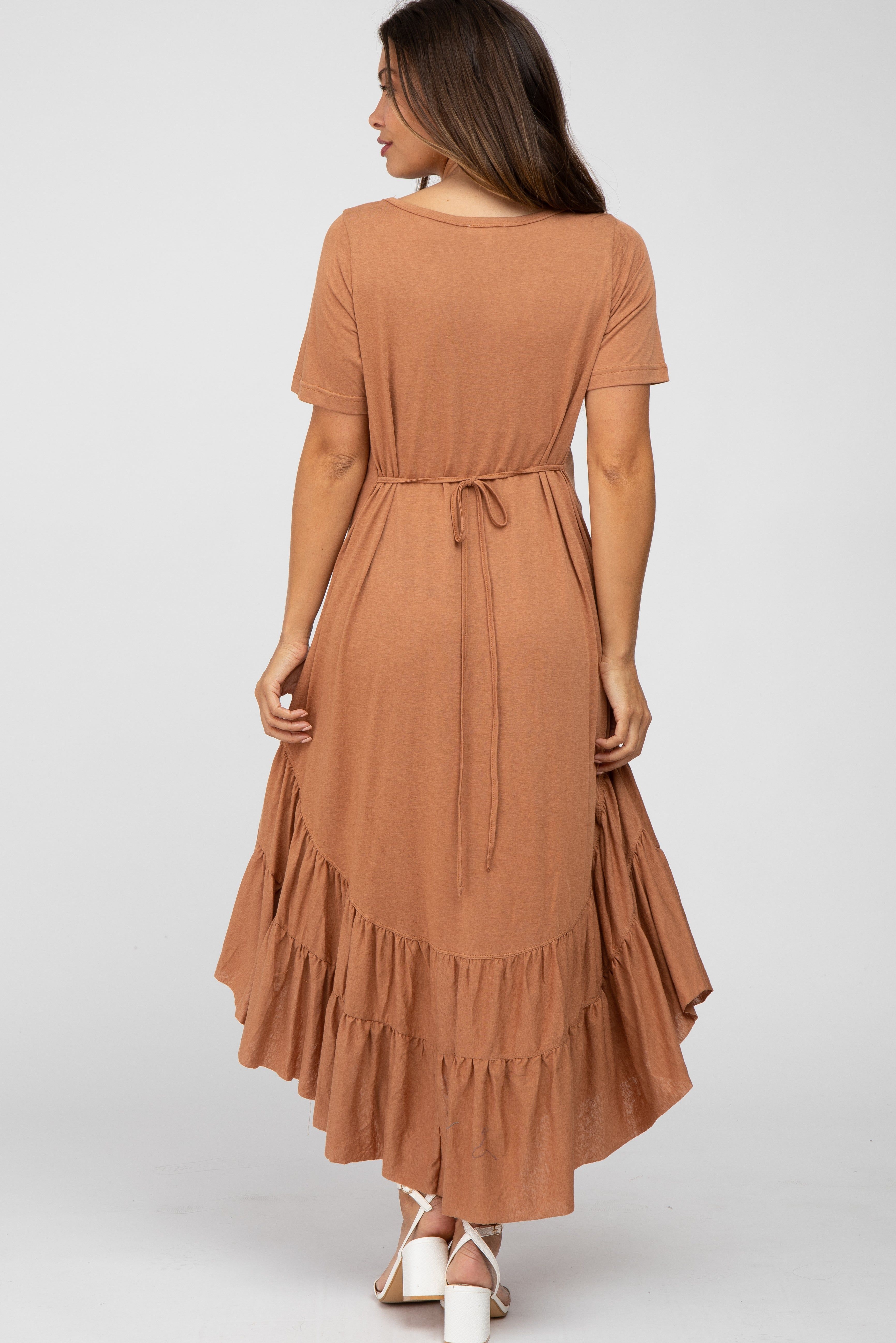 Camel Ruffle Accent Maternity Midi Dress sold by Pinkblush product image thumbnail 3