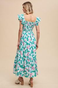 Green Floral Smocked Ruffle Sleeve Maxi Dress sold by Pinkblush