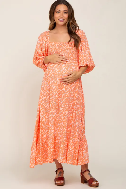 Coral Floral Smocked Tie Back Maternity Midi Dress sold by Pinkblush