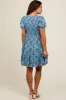 Blue Floral Smocked Puff Sleeve Maternity Dress sold by Pinkblush
