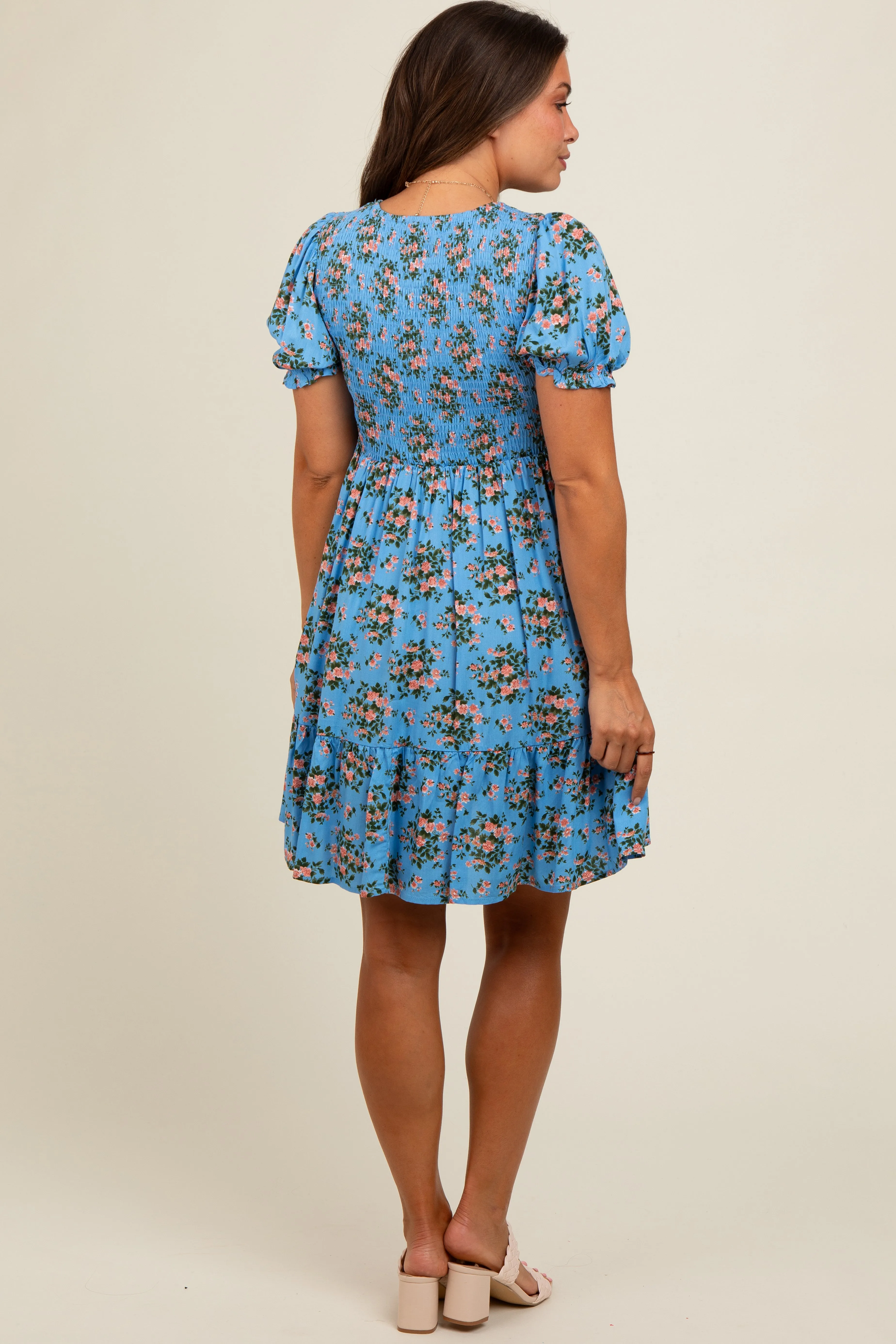 Blue Floral Smocked Puff Sleeve Maternity Dress sold by Pinkblush product image thumbnail 3