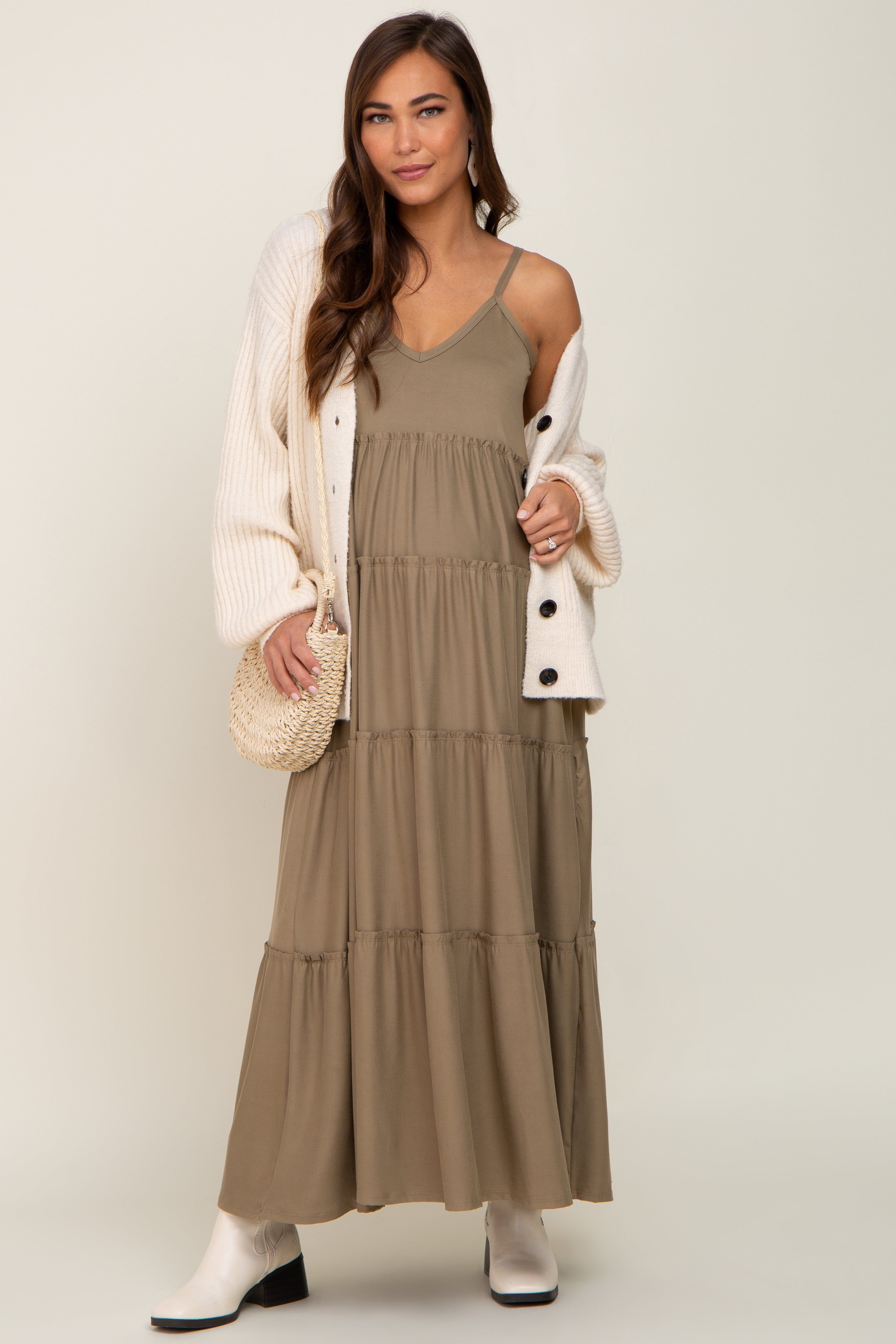 Light Olive Tiered Sleeveless Maternity Maxi Dress sold by Pinkblush product image thumbnail 3