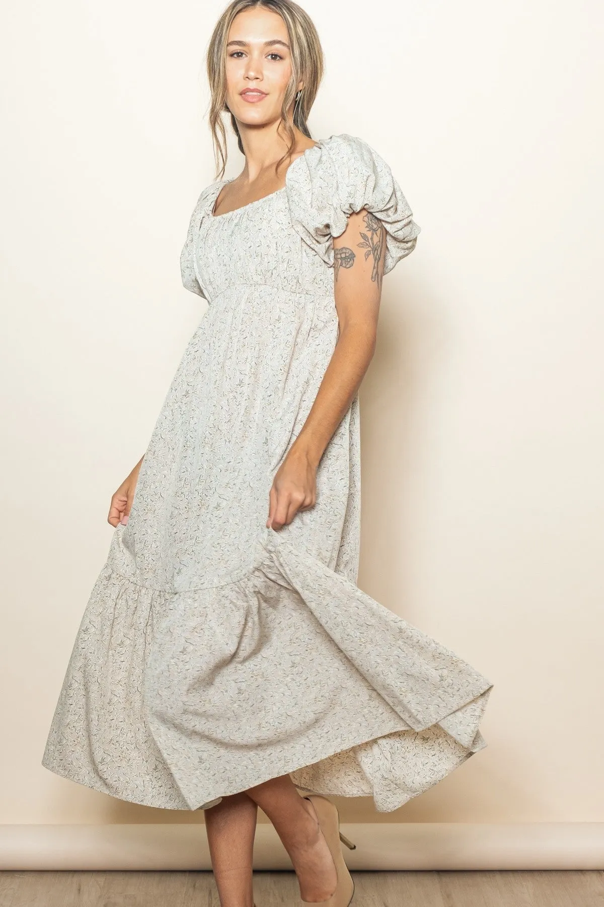 Light Taupe Floral Puffed Sleeve Midi Dress sold by Pinkblush product image thumbnail 2