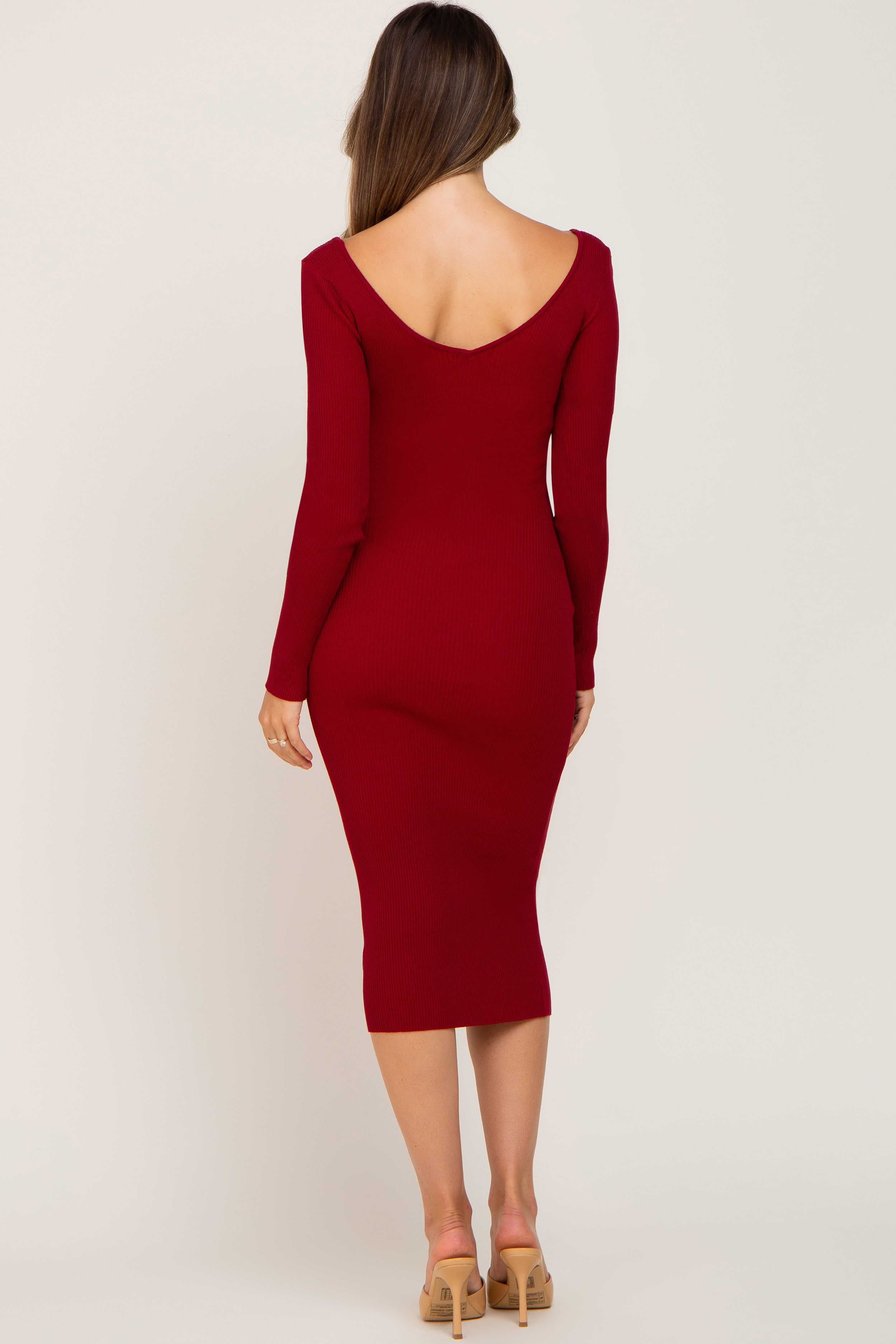 Burgundy Knit Ribbed Maternity Midi Dress sold by Pinkblush product image thumbnail 3