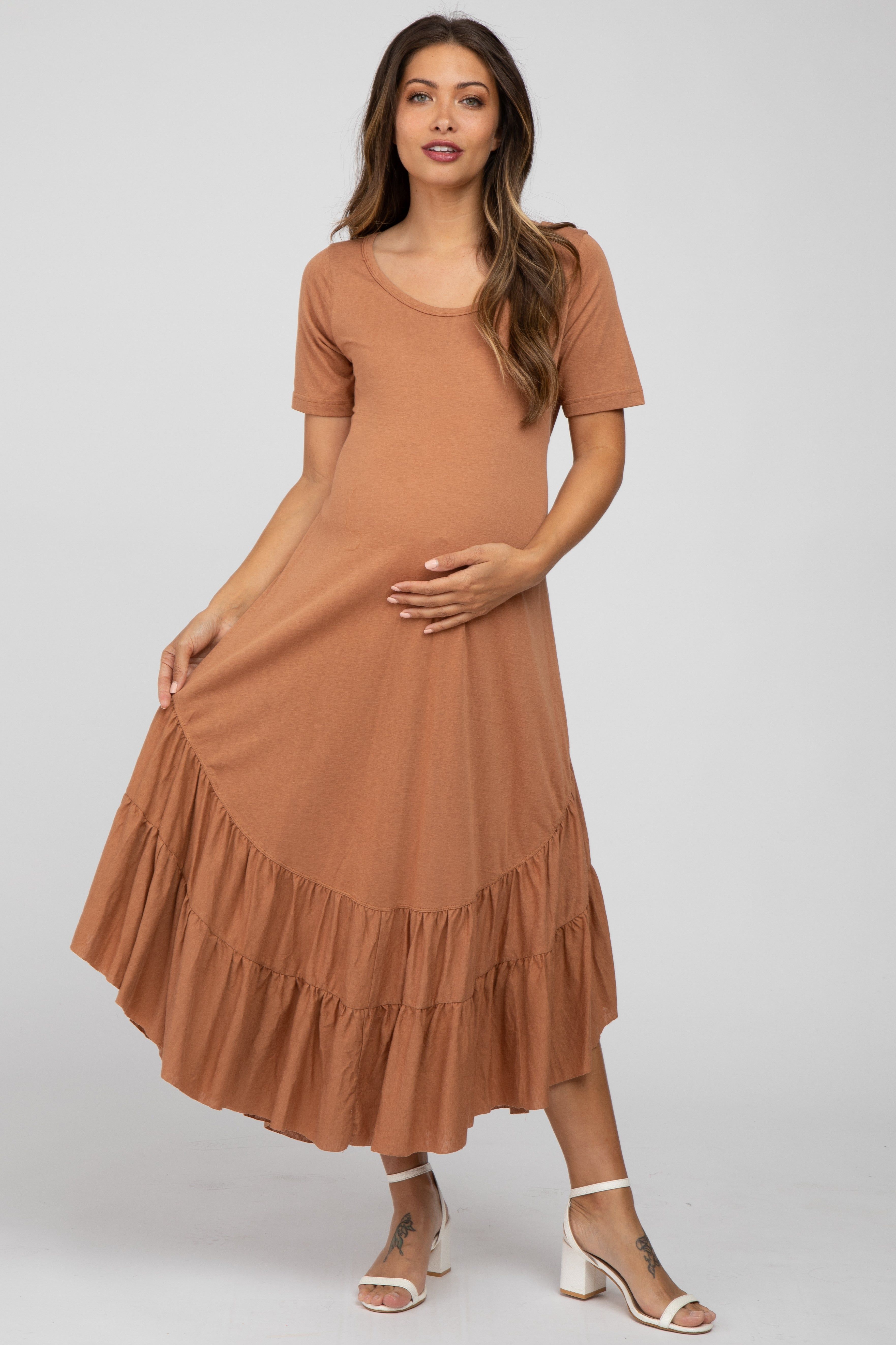Camel Ruffle Accent Maternity Midi Dress sold by Pinkblush