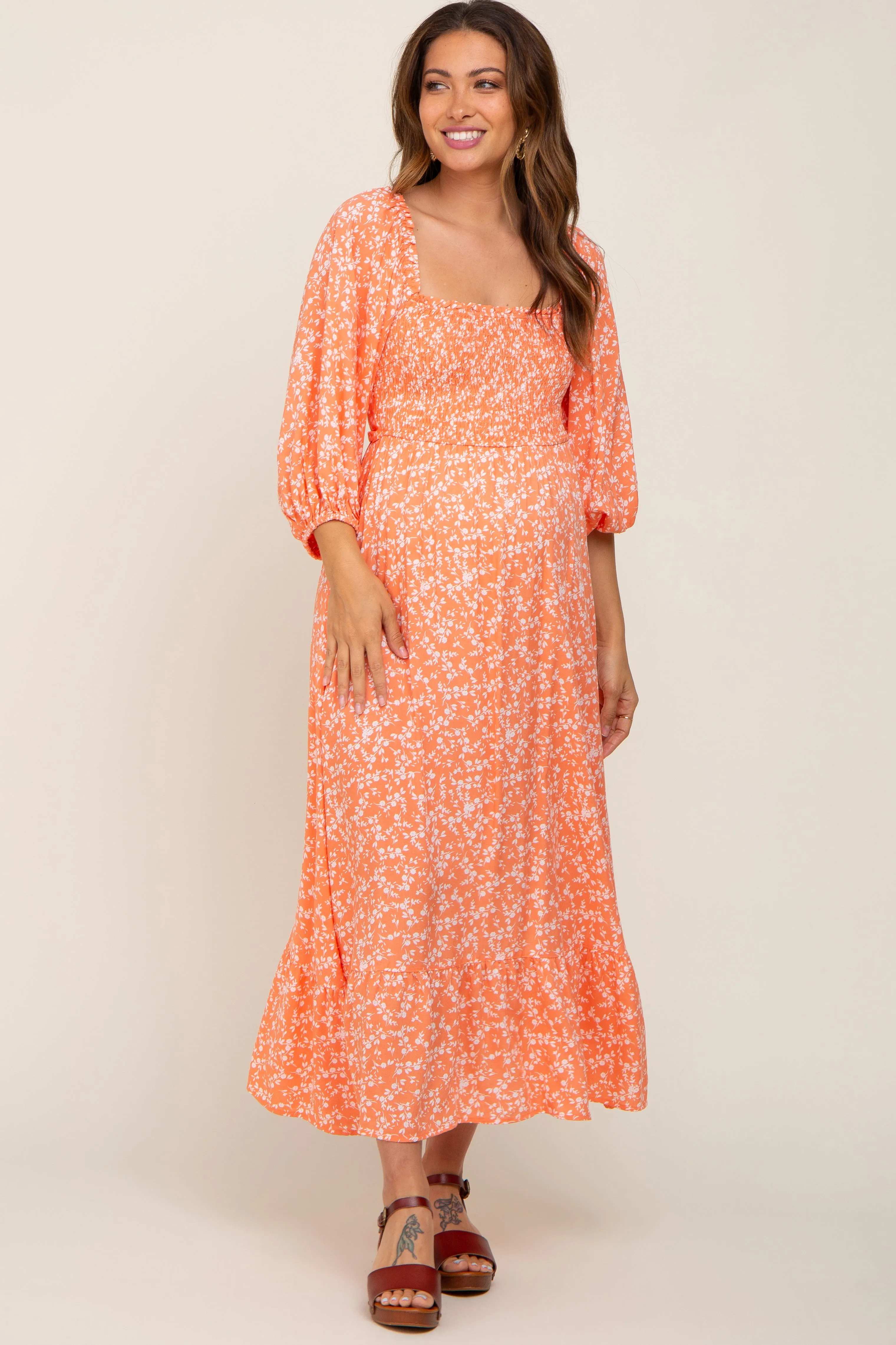 Coral Floral Smocked Tie Back Maternity Midi Dress sold by Pinkblush product image thumbnail 5