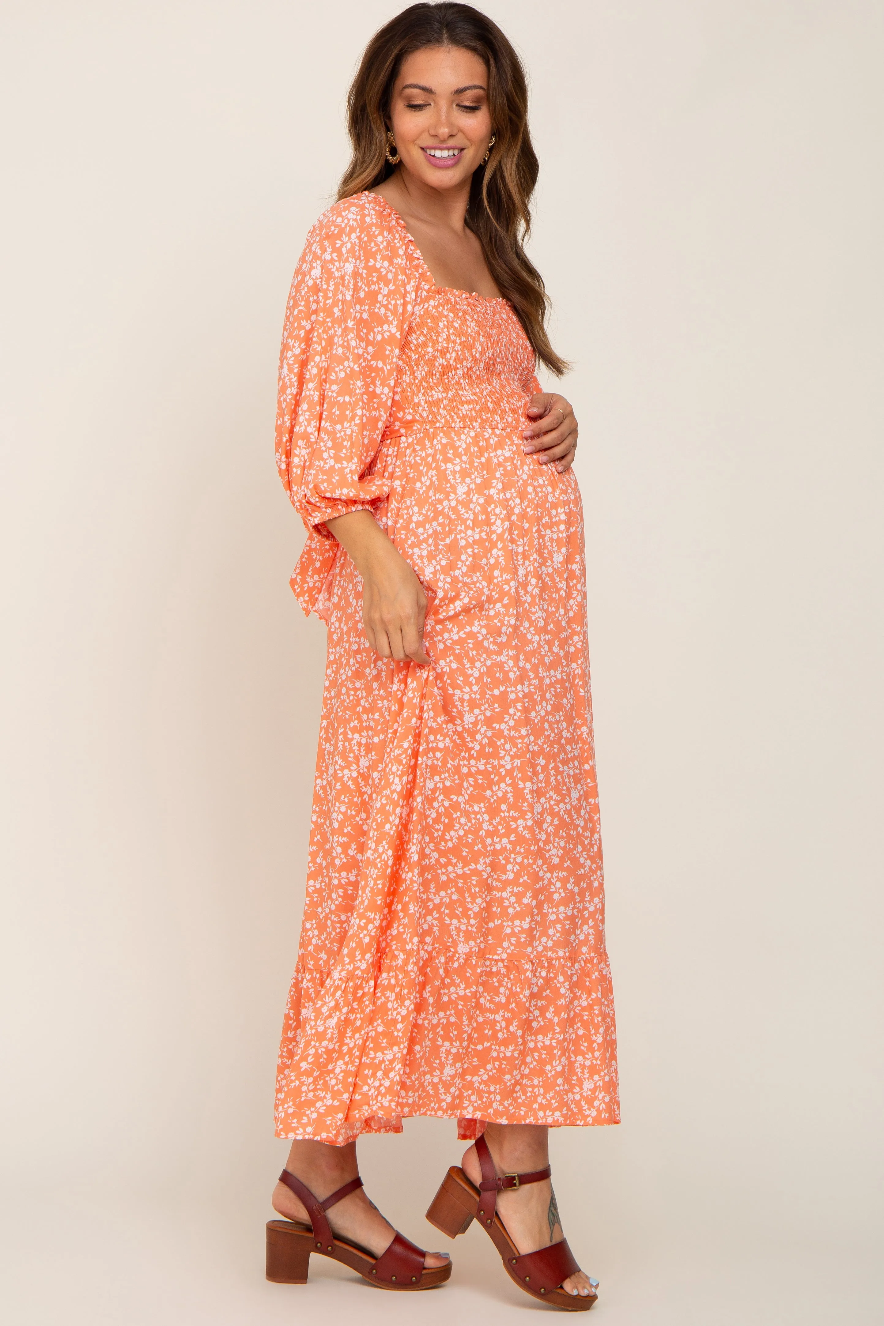 Coral Floral Smocked Tie Back Maternity Midi Dress sold by Pinkblush product image thumbnail 2