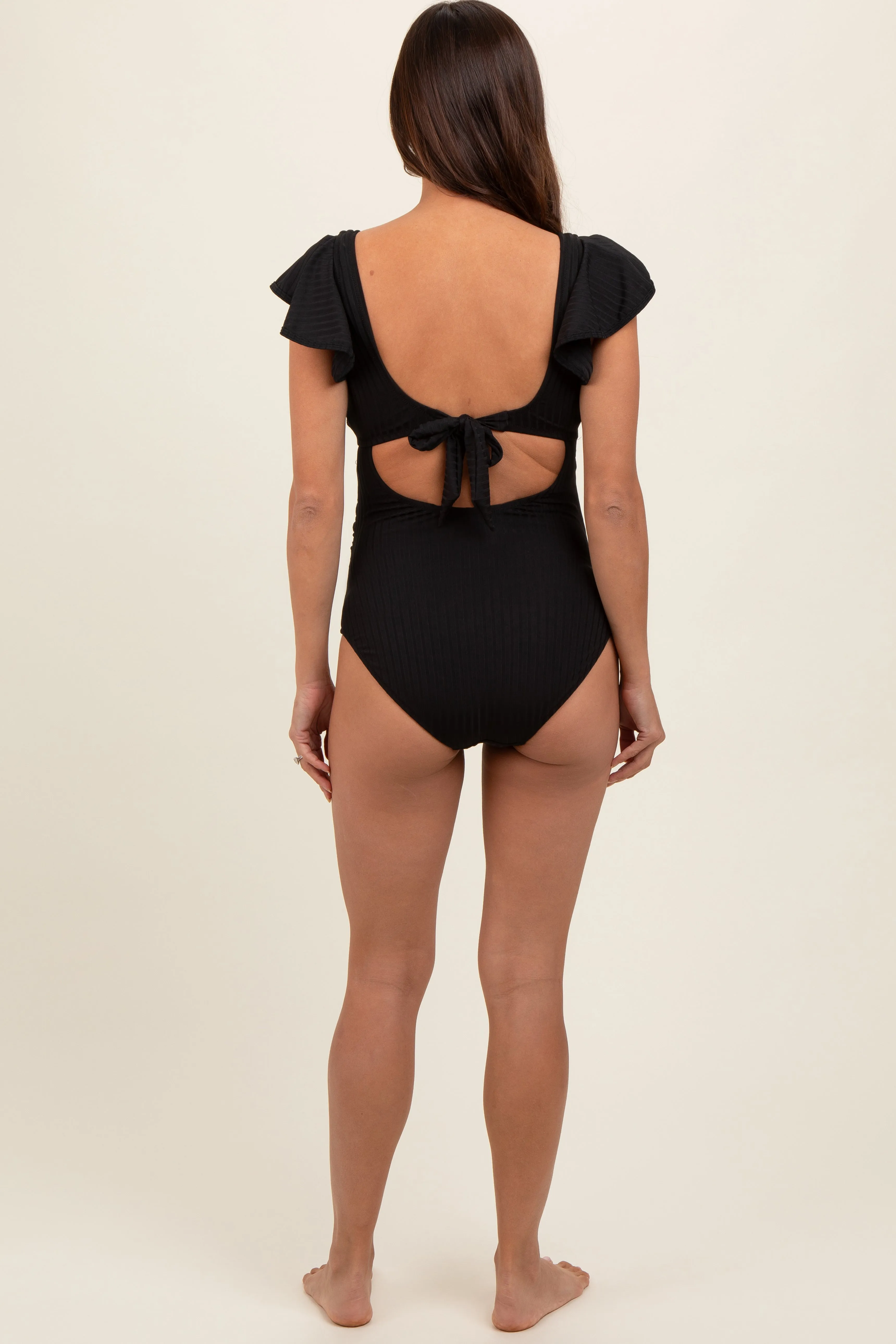 Black Ribbed Ruched Cutout Flutter One Piece Maternity Swimsuit sold by Pinkblush product image thumbnail 5