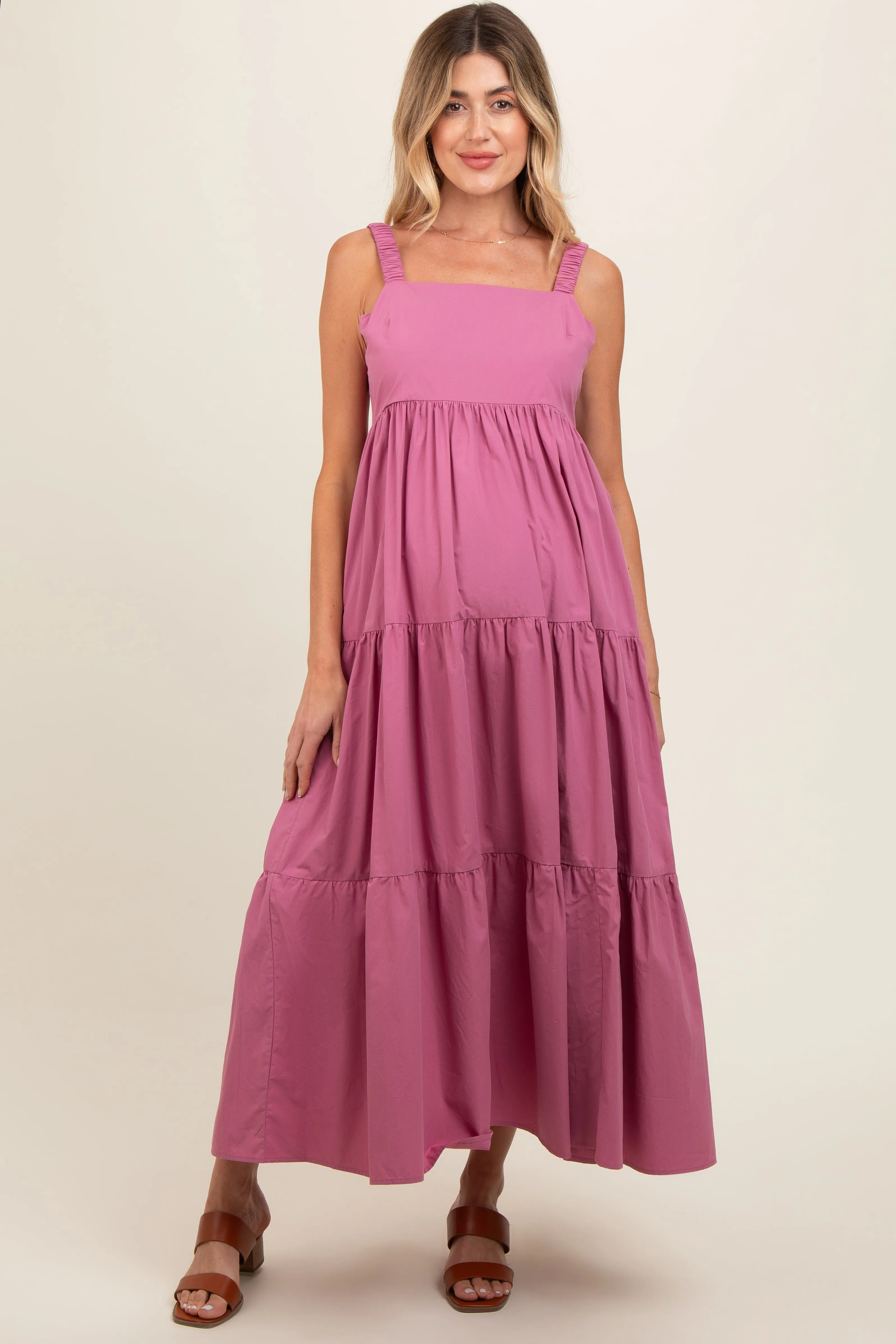 Mauve Square Neck Cut Out Back Tiered Maternity Maxi Dress sold by Pinkblush