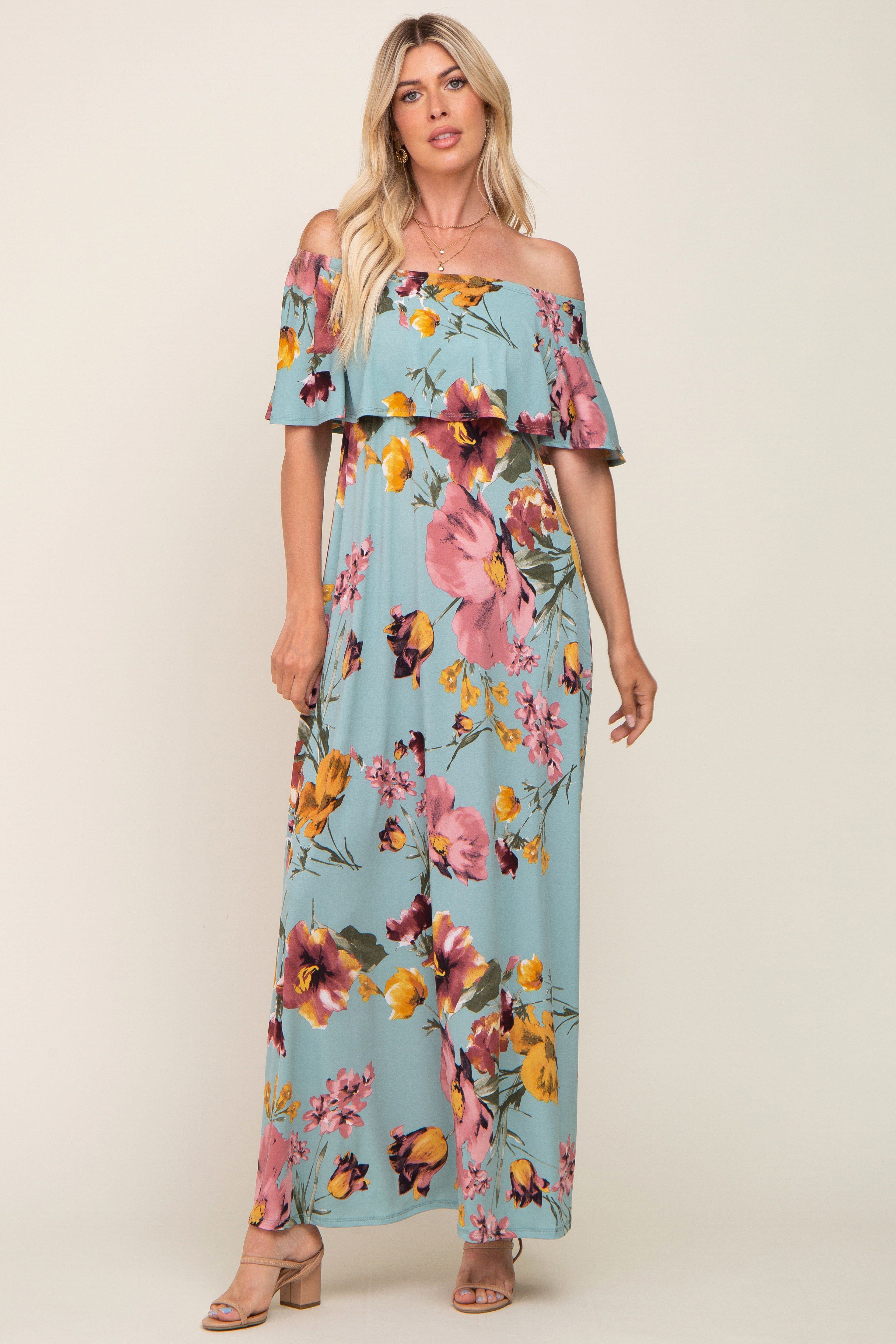 Mint Green Floral Off Shoulder Maxi Dress sold by Pinkblush product image thumbnail 4