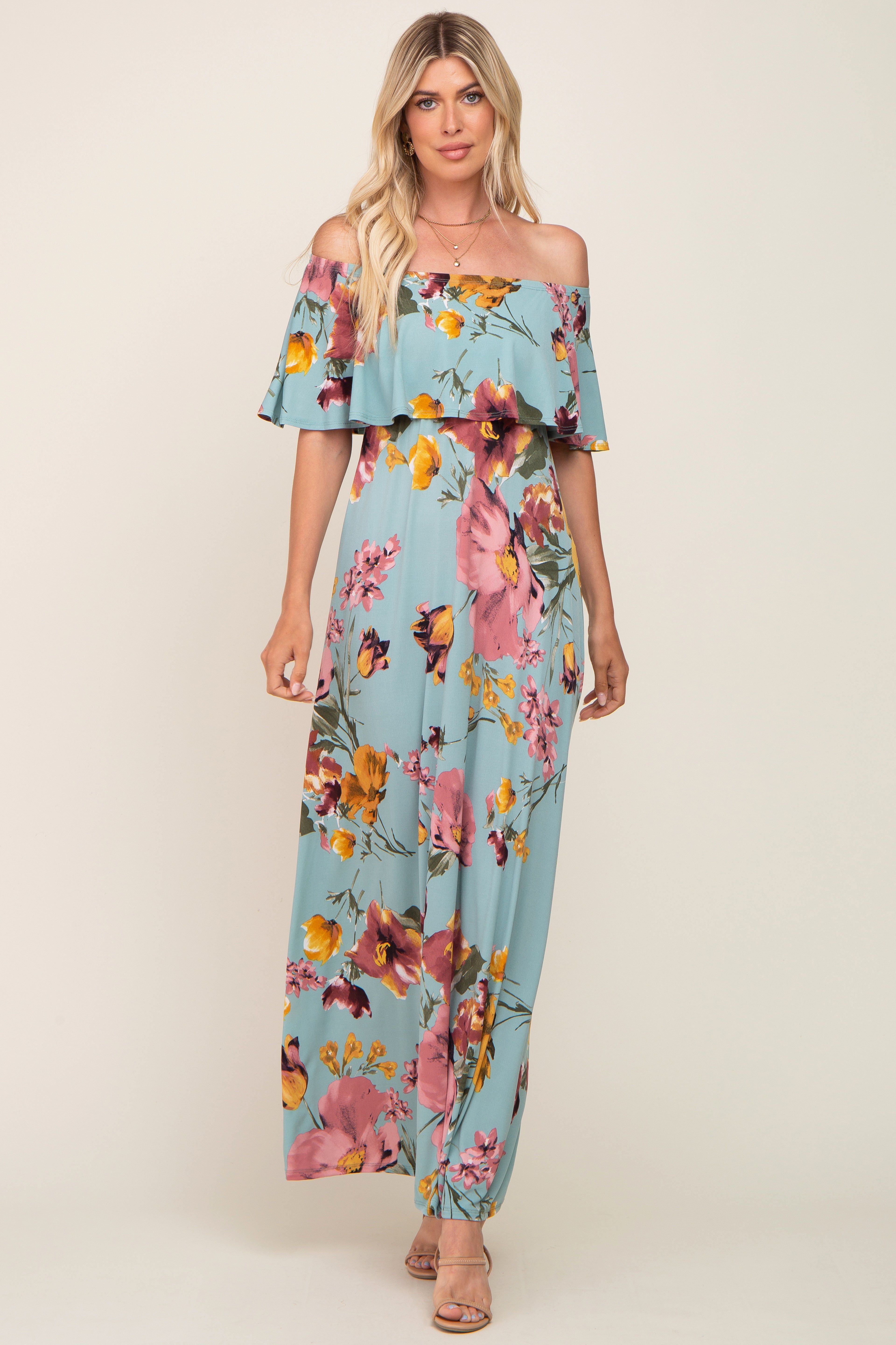 Mint Green Floral Off Shoulder Maxi Dress sold by Pinkblush