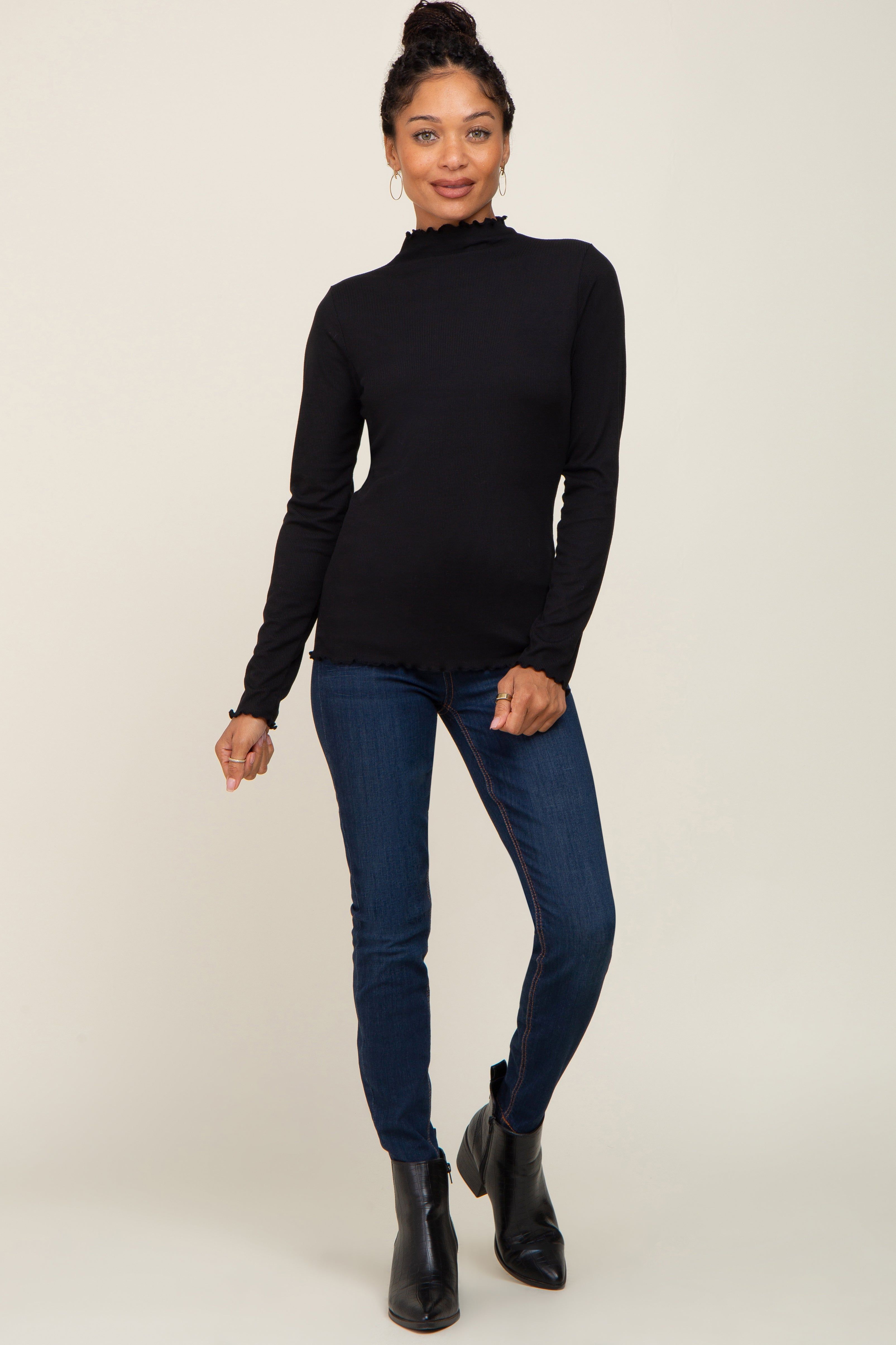 Black Ribbed Mock Neck Lettuce Trim Long Sleeve Top sold by Pinkblush product image thumbnail 4