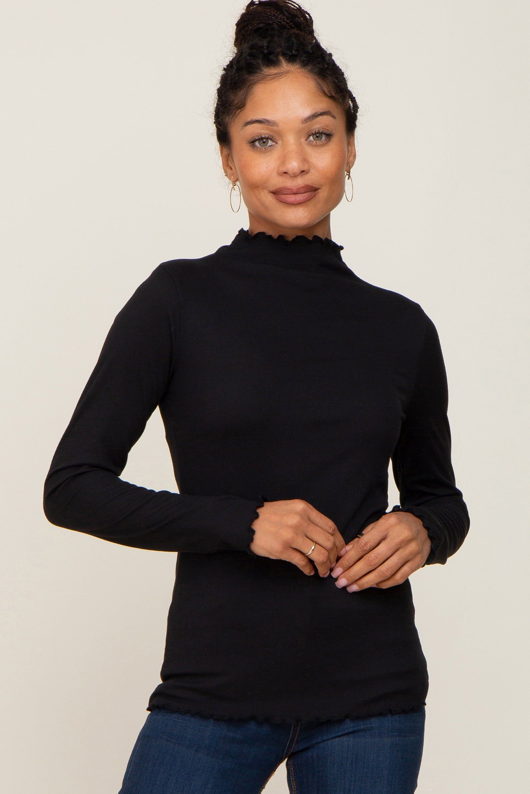 Black Ribbed Mock Neck Lettuce Trim Long Sleeve Top sold by Pinkblush