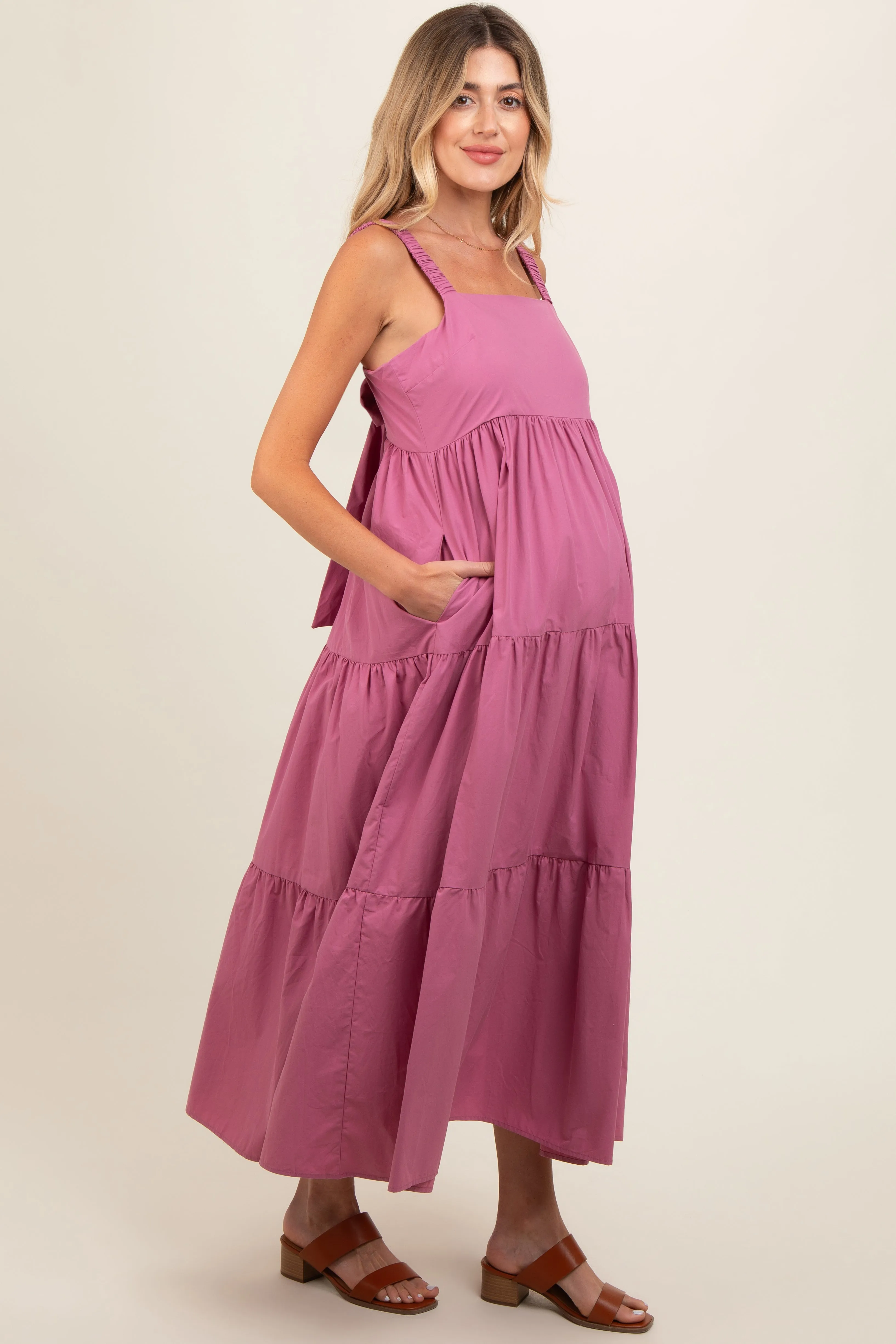 Mauve Square Neck Cut Out Back Tiered Maternity Maxi Dress sold by Pinkblush product image thumbnail 2