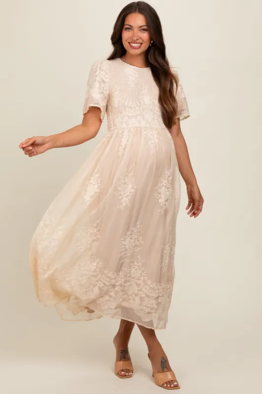 Cream Embroidered Smocked Maternity Midi Dress sold by Pinkblush