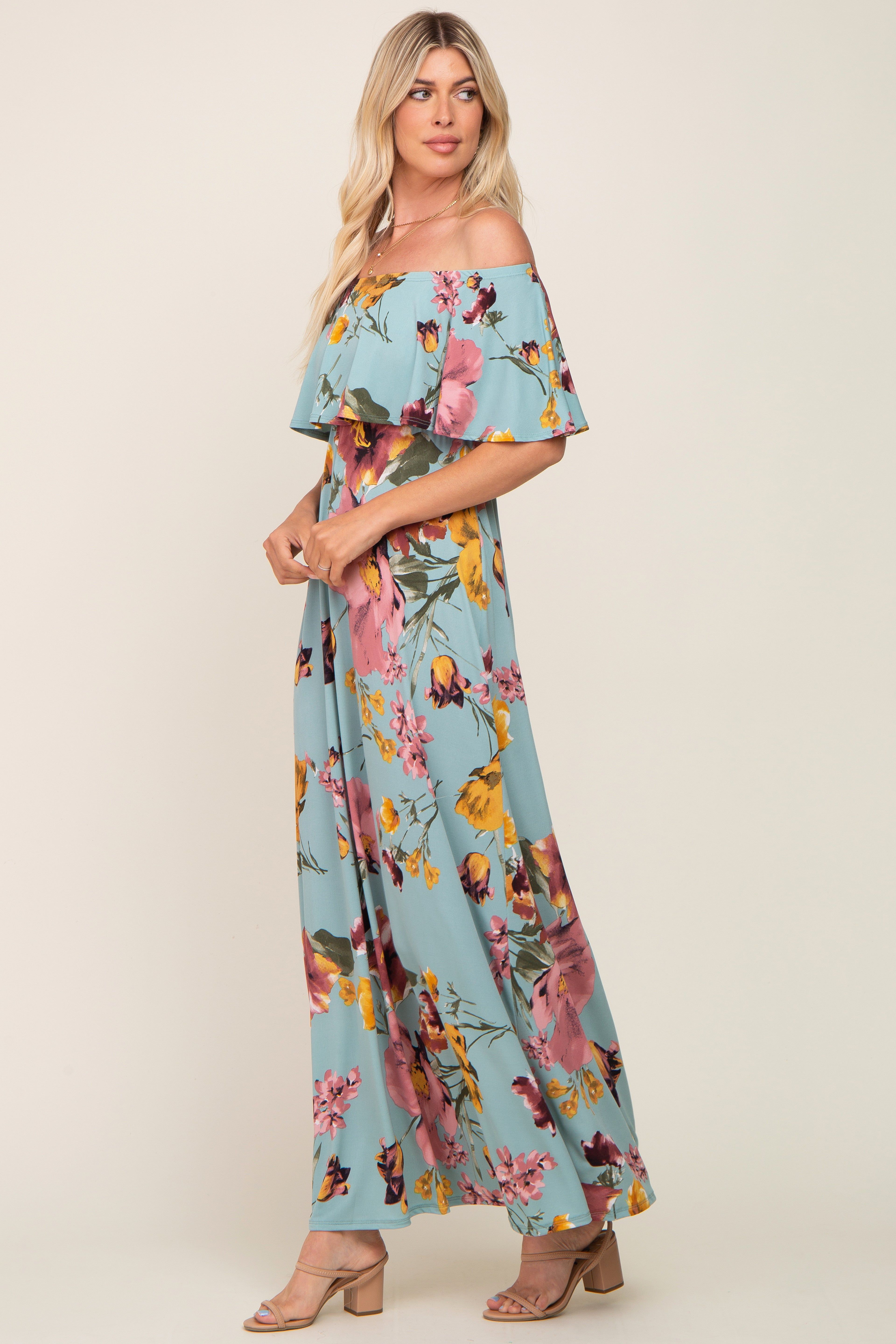 Mint Green Floral Off Shoulder Maxi Dress sold by Pinkblush product image thumbnail 2