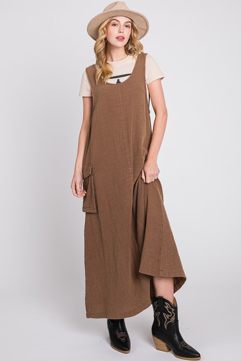 Brown Washed Cargo Maxi Dress sold by Pinkblush