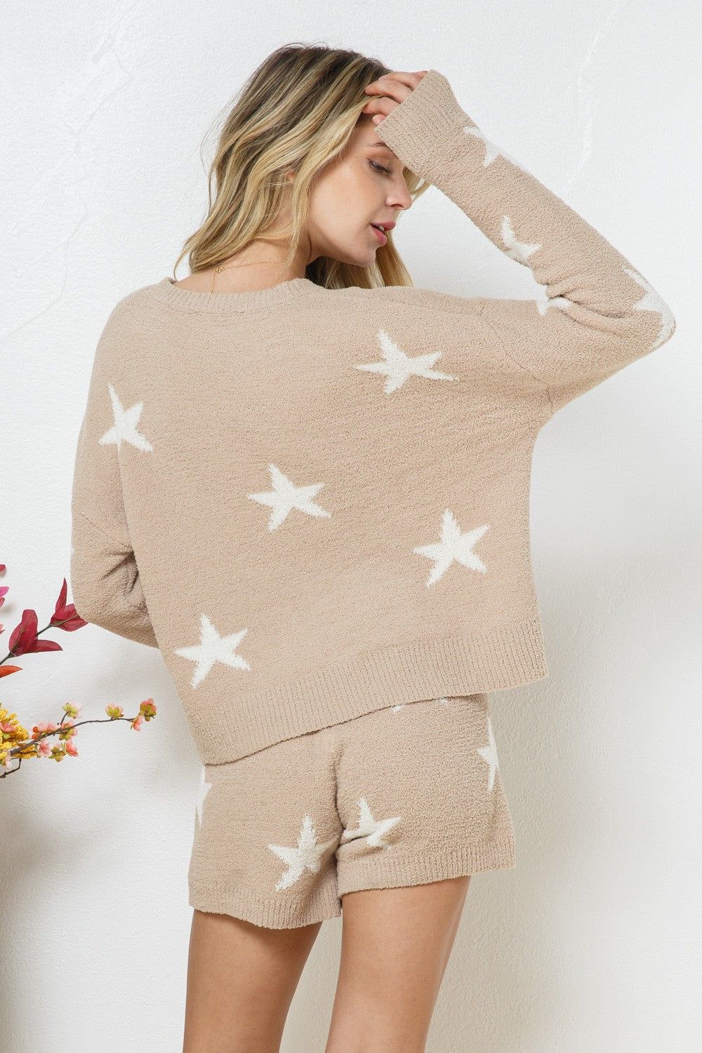 Taupe Soft Long Sleeve Star Print Top And Short Set sold by Pinkblush product image thumbnail 3