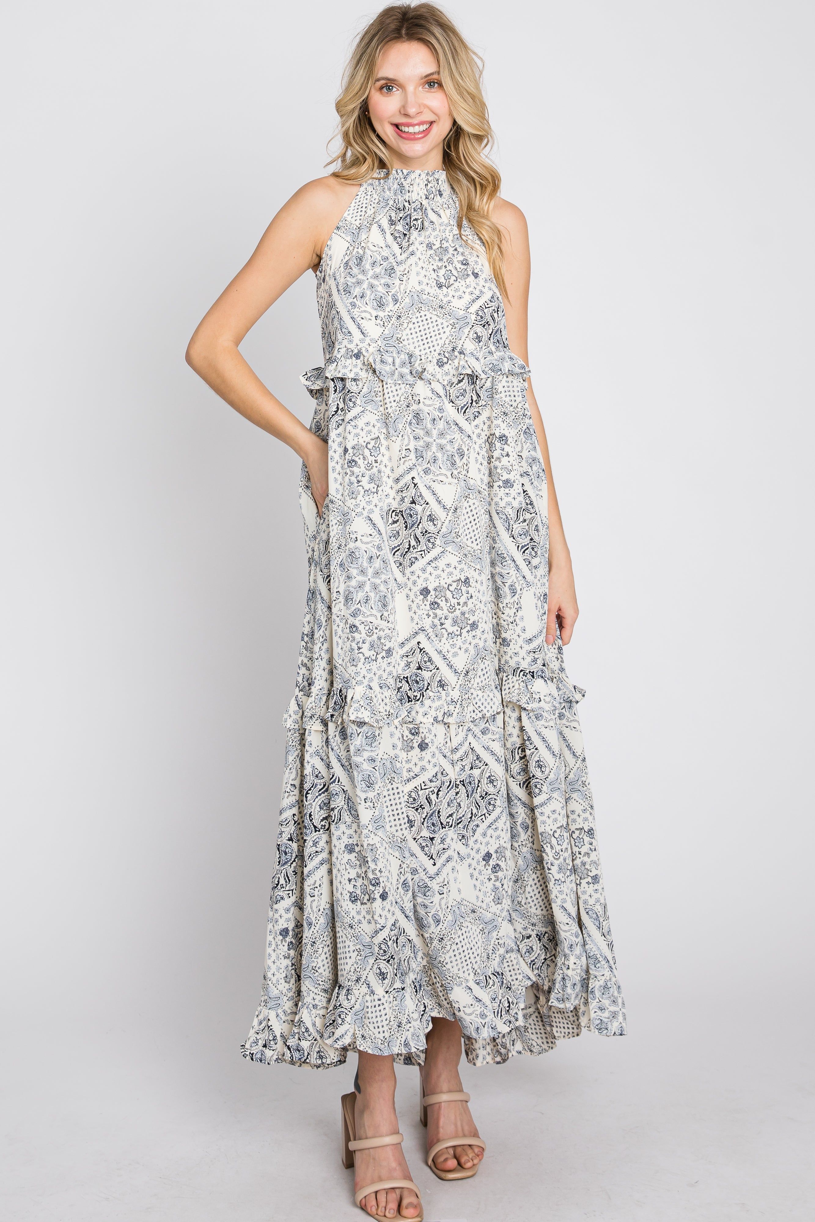 Navy Floral Paisley Print Tiered Maxi Dress sold by Pinkblush product image thumbnail 3