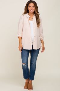 Beige Button Down Maternity Top sold by Pinkblush
