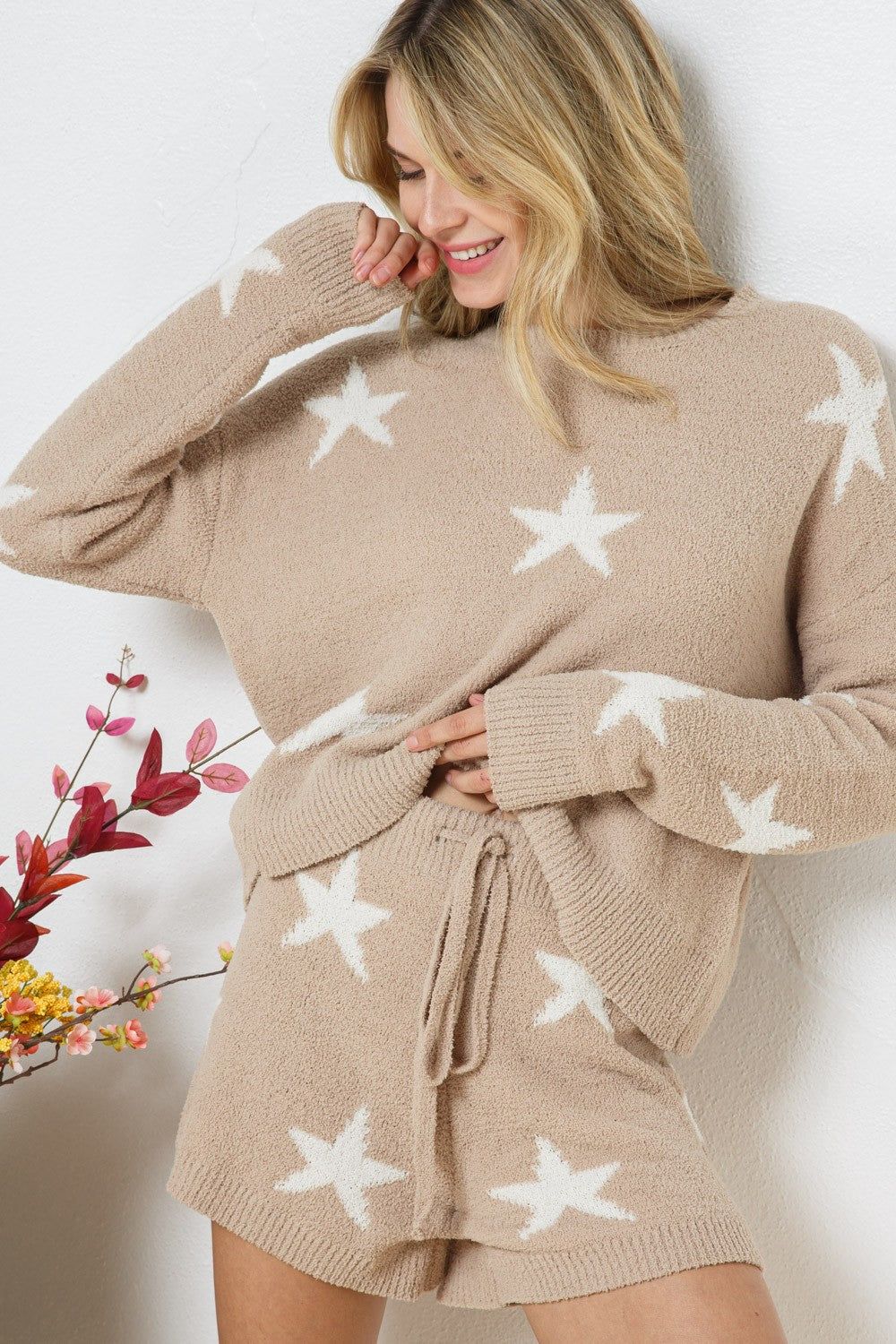 Taupe Soft Long Sleeve Star Print Top And Short Set sold by Pinkblush