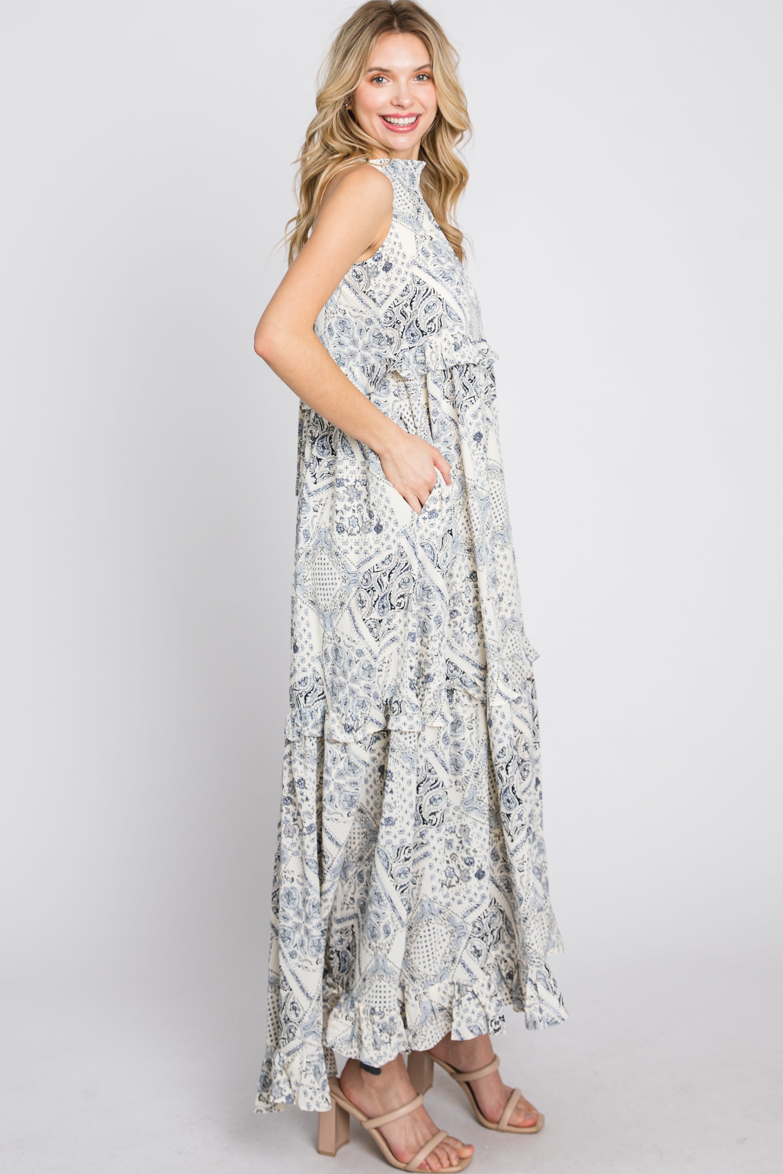 Navy Floral Paisley Print Tiered Maxi Dress sold by Pinkblush product image thumbnail 4