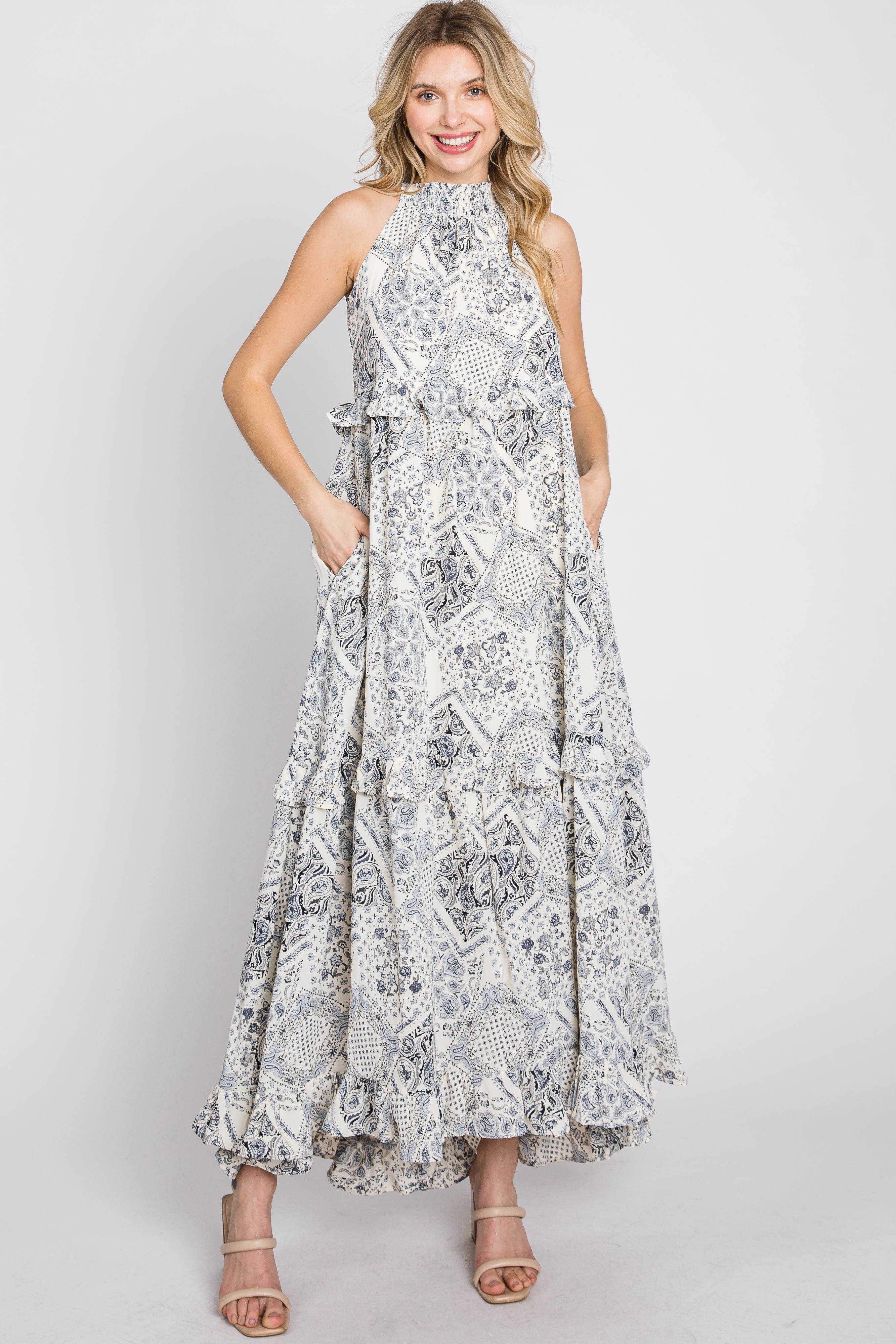 Navy Floral Paisley Print Tiered Maxi Dress sold by Pinkblush