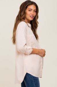 Beige Button Down Maternity Top sold by Pinkblush