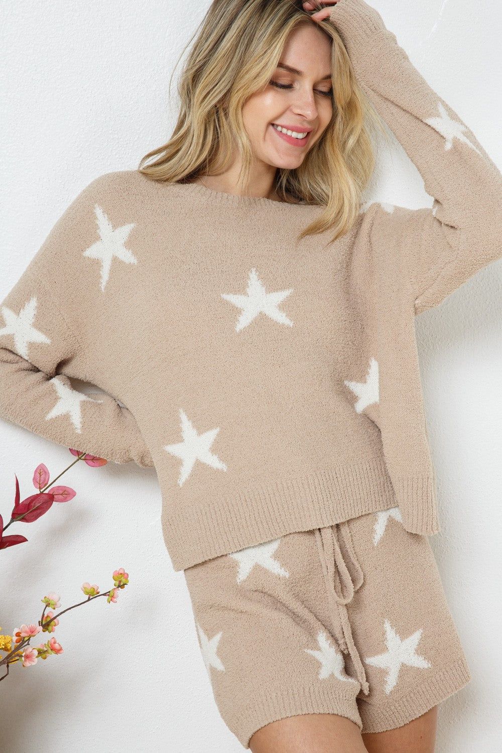 Taupe Soft Long Sleeve Star Print Top And Short Set sold by Pinkblush product image thumbnail 2
