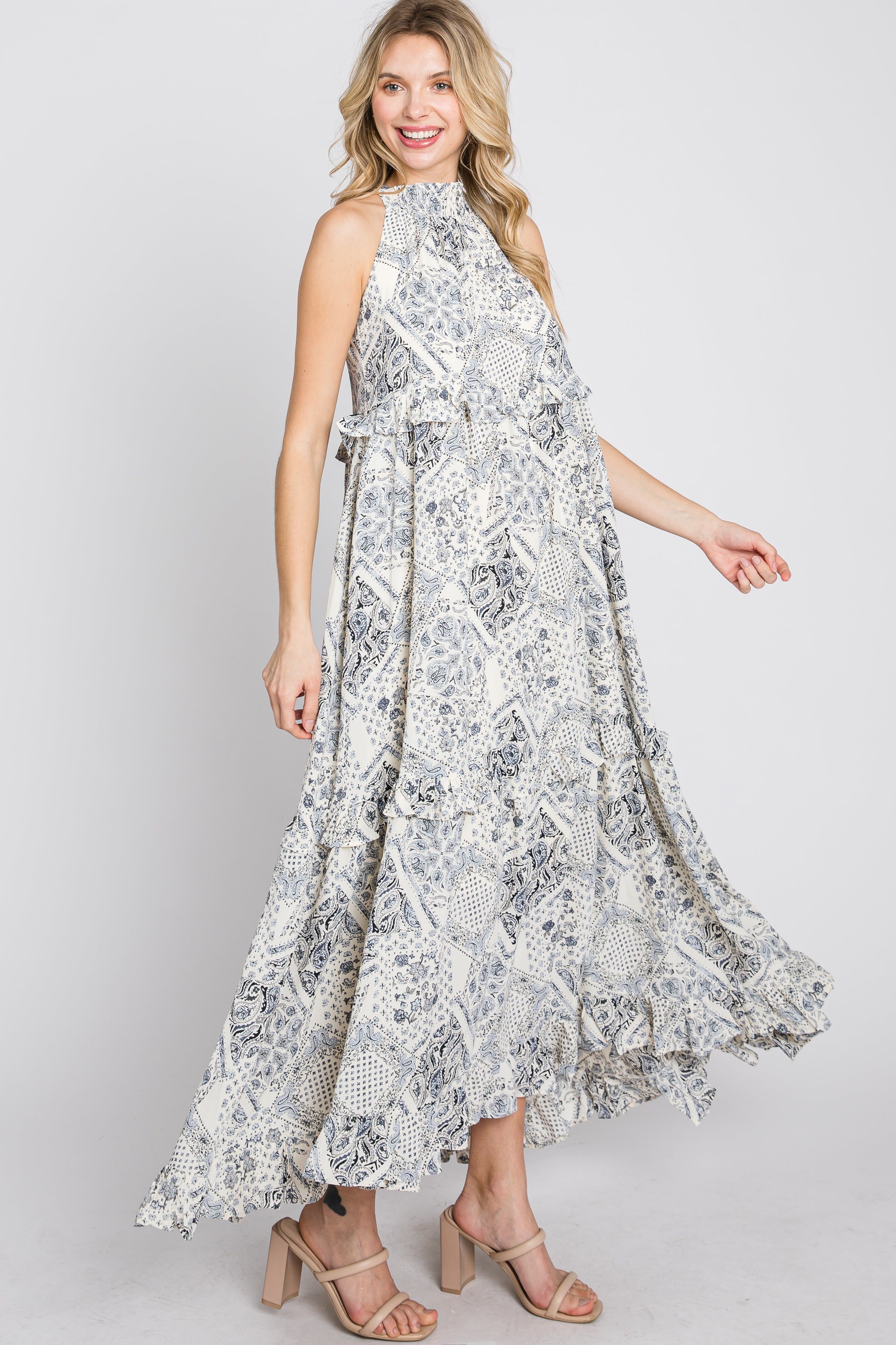 Navy Floral Paisley Print Tiered Maxi Dress sold by Pinkblush product image thumbnail 5