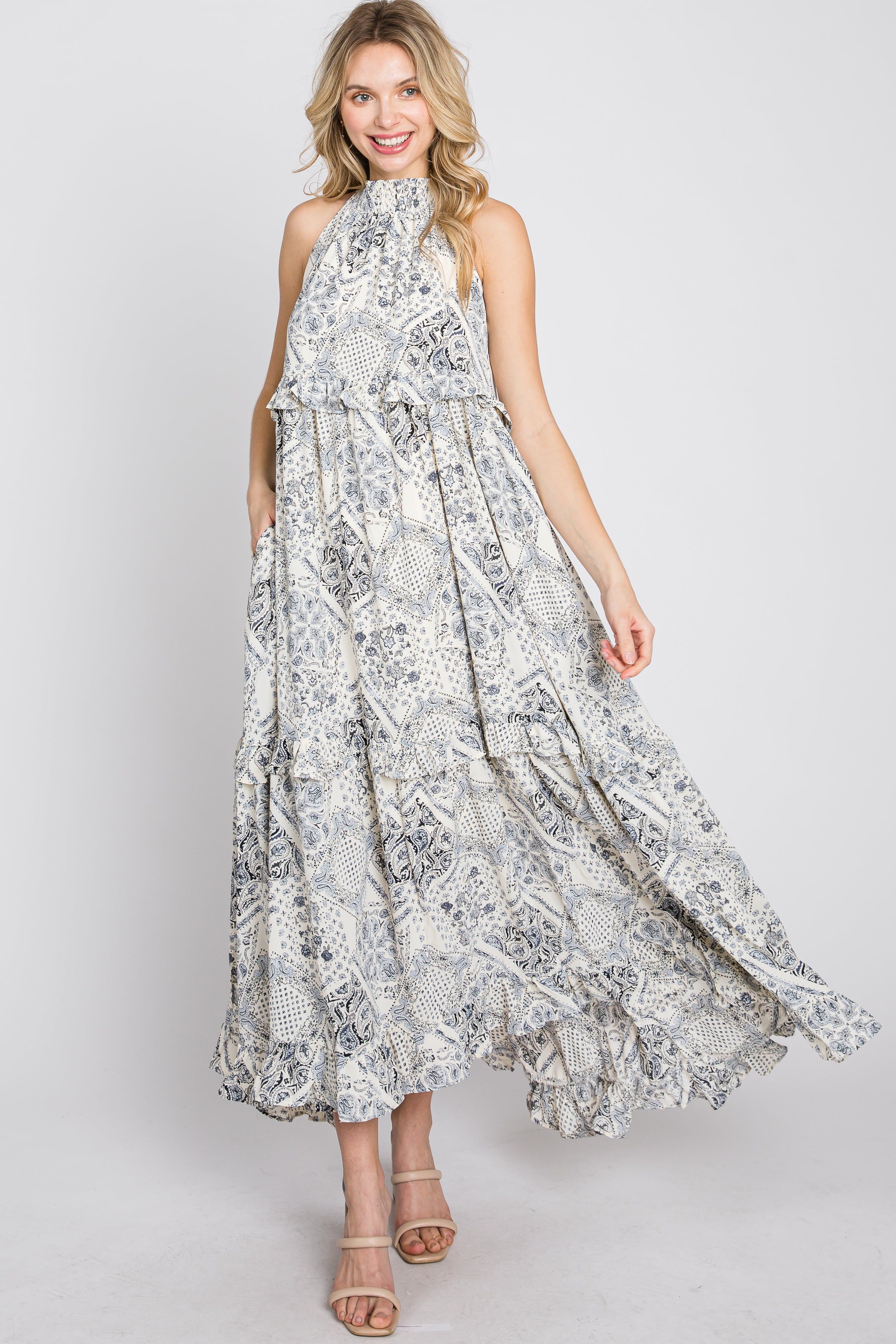 Navy Floral Paisley Print Tiered Maxi Dress sold by Pinkblush product image thumbnail 2