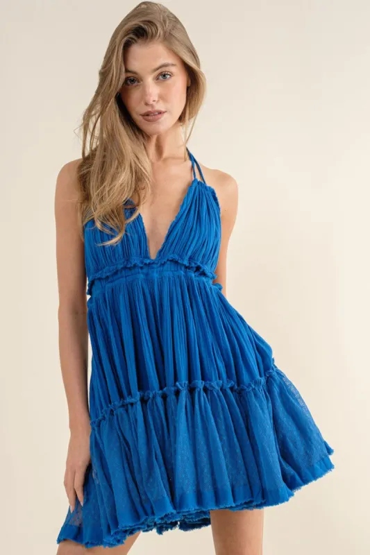 Royal Blue Halter Open Back Mini Dress sold by Pinkblush