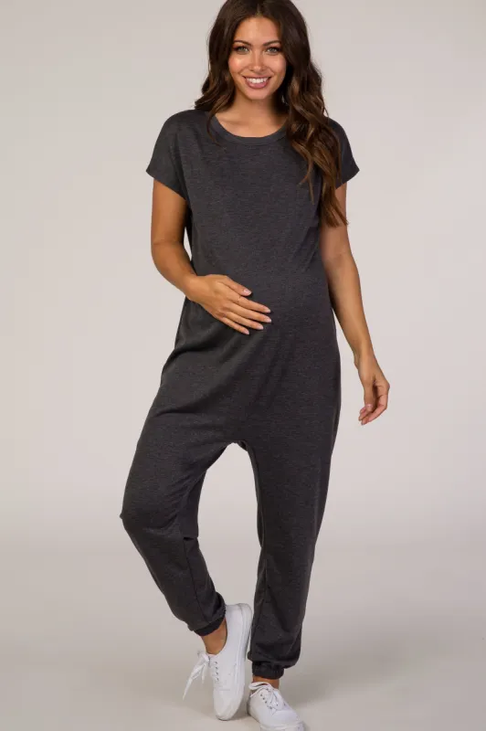 PinkBlush Charcoal Heathered Short Sleeve Maternity Jumpsuit sold by Pinkblush