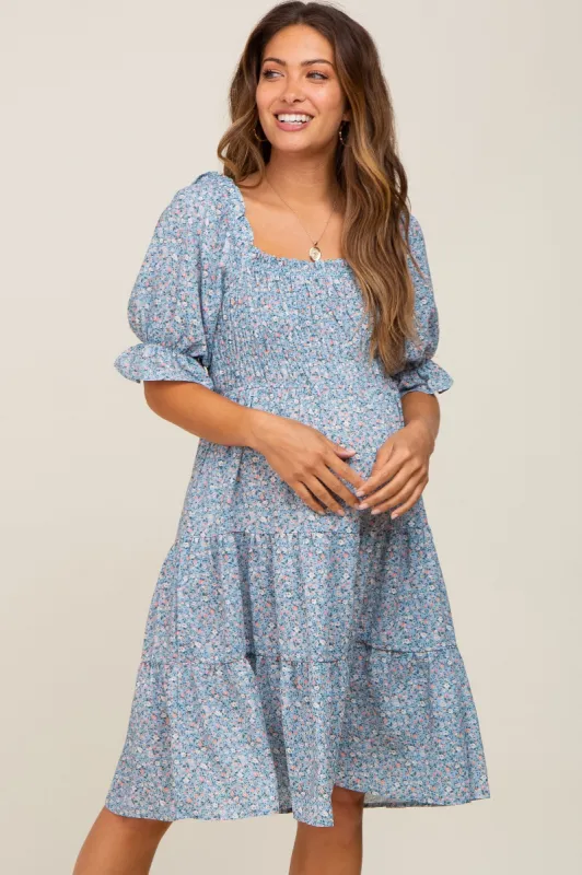 Blue Floral Smocked Tiered Maternity Dress sold by Pinkblush