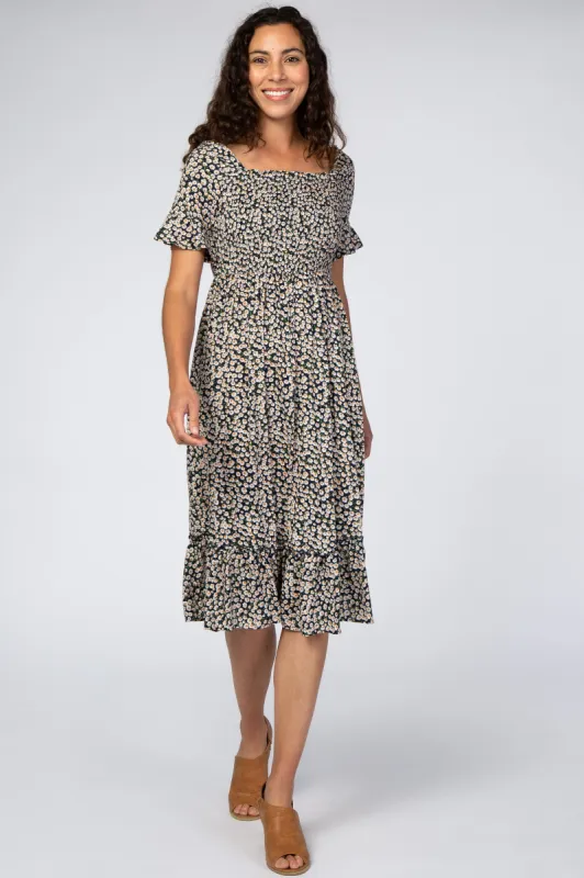 Navy Floral Ruffle Midi Dress sold by Pinkblush