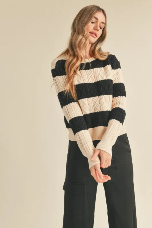 Cream Black Striped Cable Knit Sweater sold by Pinkblush