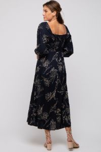 Navy Floral Squared Neck Midi Dress sold by Pinkblush