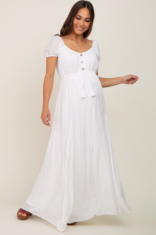 White Cinched Tie Waist Maternity Maxi Dress sold by Pinkblush