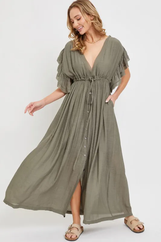 Olive Deep V-Neck Button Down Maxi Dress sold by Pinkblush