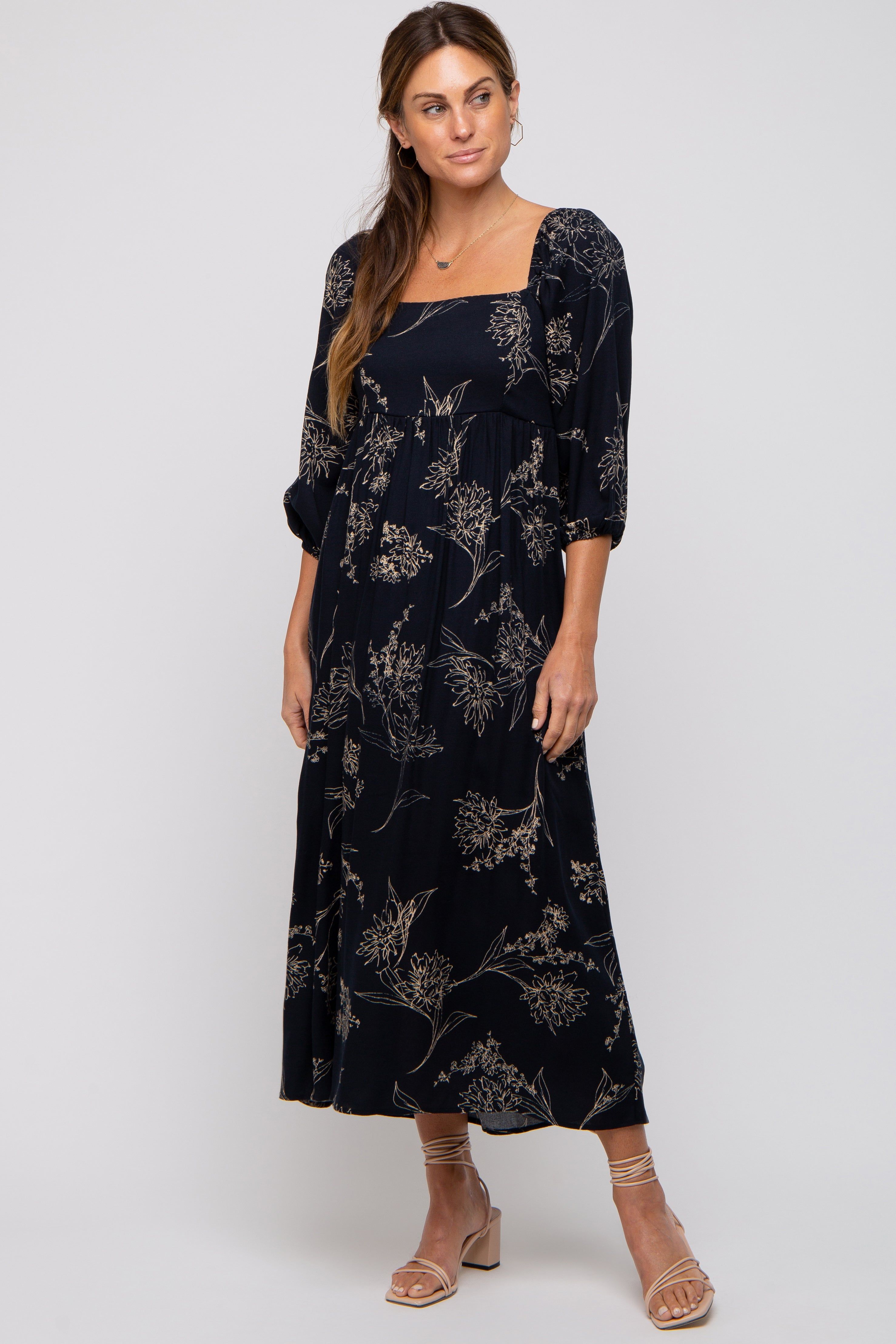 Navy Floral Squared Neck Midi Dress sold by Pinkblush product image thumbnail 4