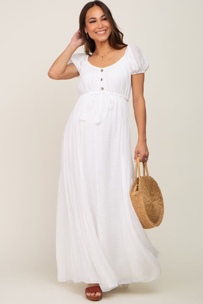 White Cinched Tie Waist Maternity Maxi Dress sold by Pinkblush product image thumbnail 2