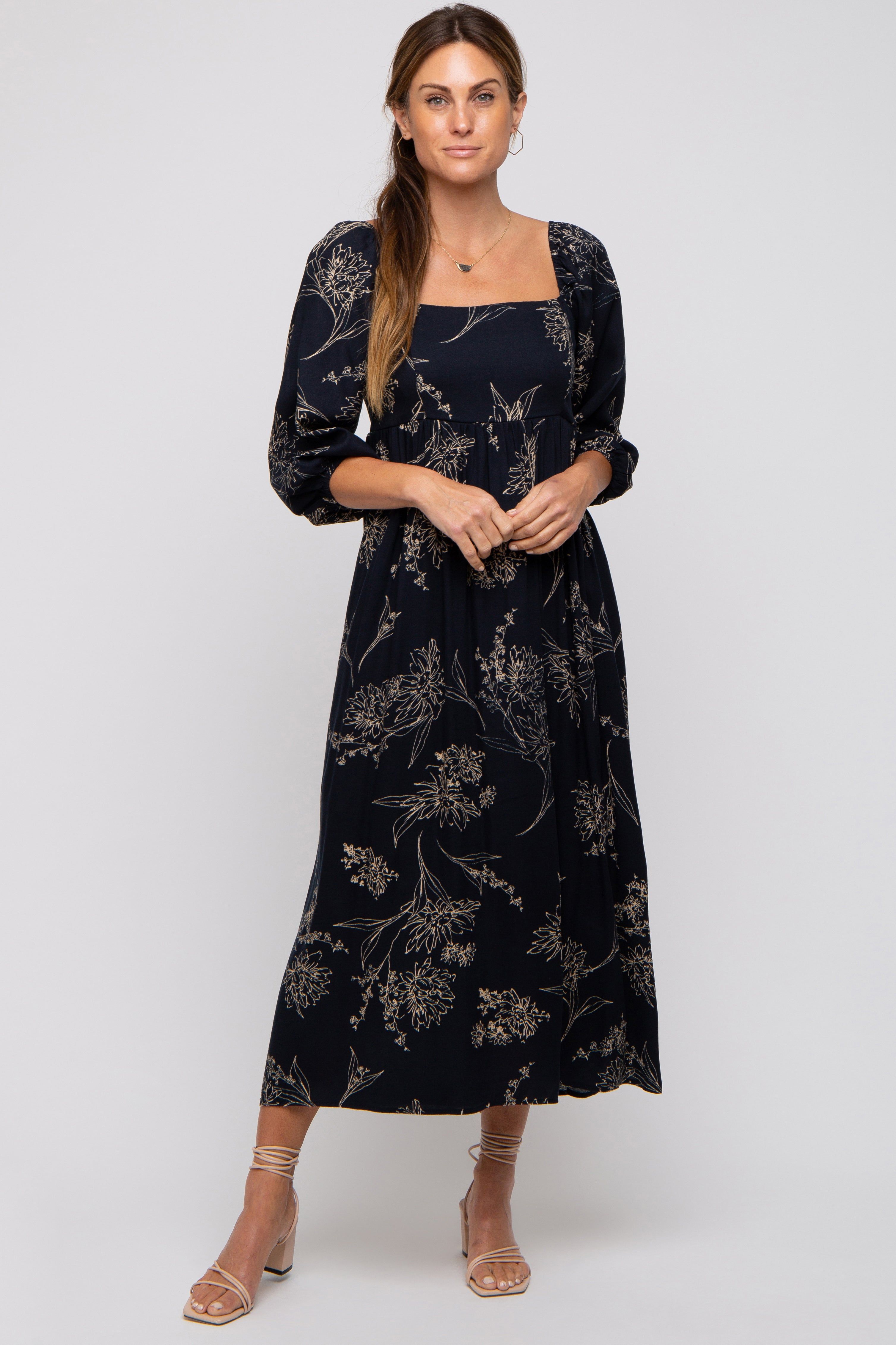 Navy Floral Squared Neck Midi Dress sold by Pinkblush