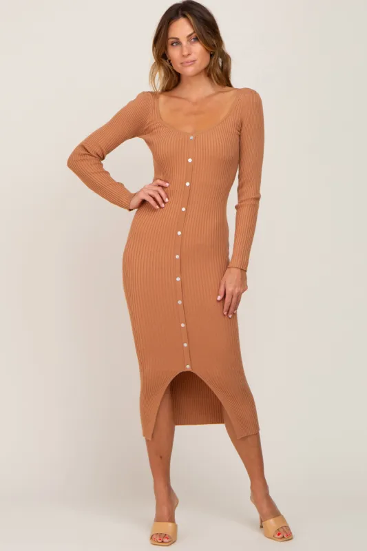 Camel Ribbed Button Accent Long Sleeve Dress sold by Pinkblush