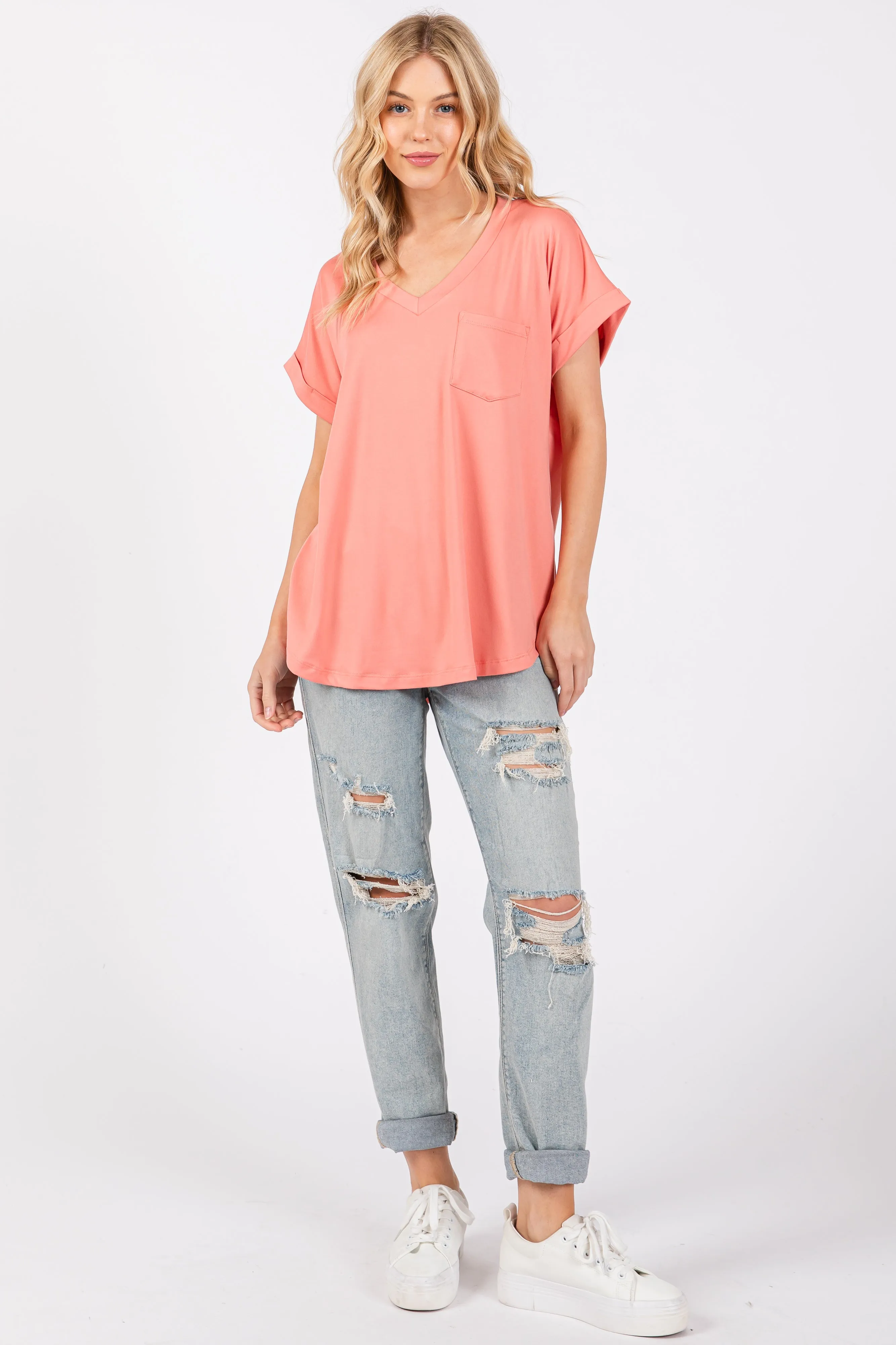Coral V-Neck Pocket Short Sleeve Shirt sold by Pinkblush product image thumbnail 5