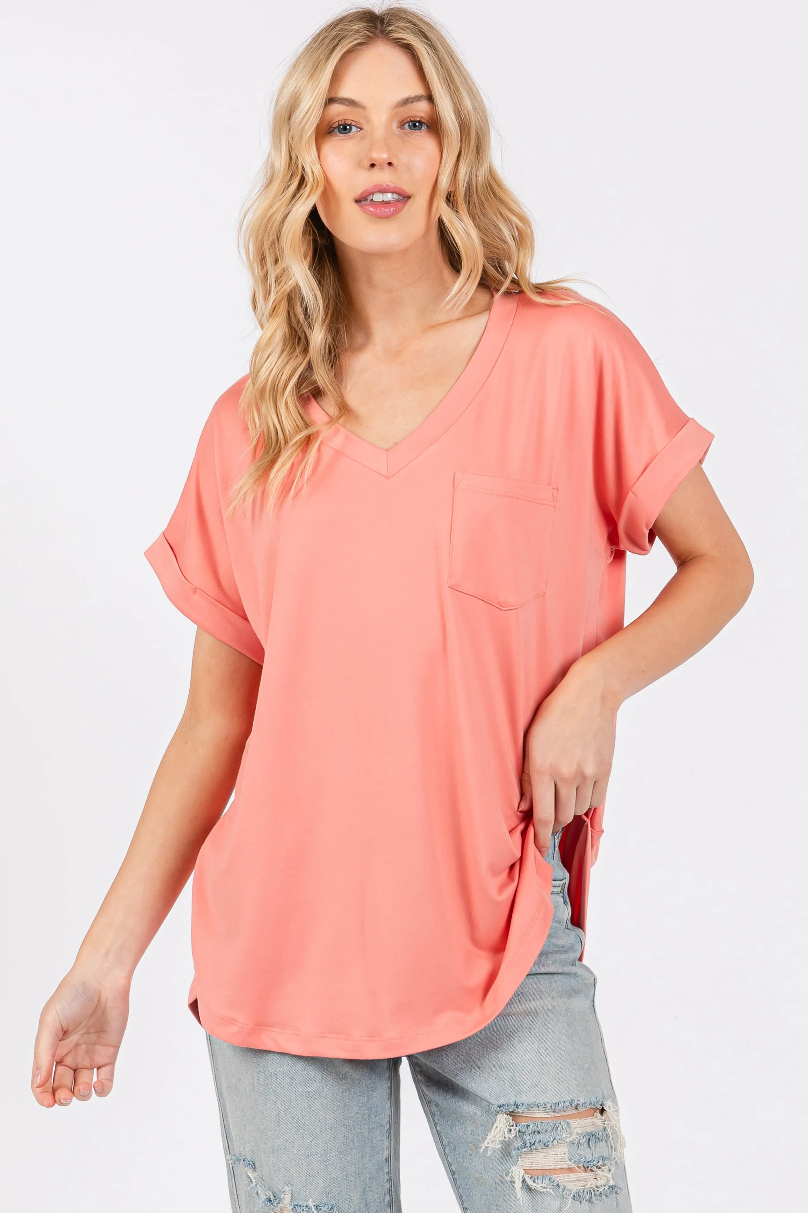 Coral V-Neck Pocket Short Sleeve Shirt sold by Pinkblush product image thumbnail 2