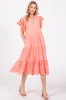 Peach V-Neck Eyelet Detail Ruffle Shoulder Tiered Midi Dress sold by Pinkblush