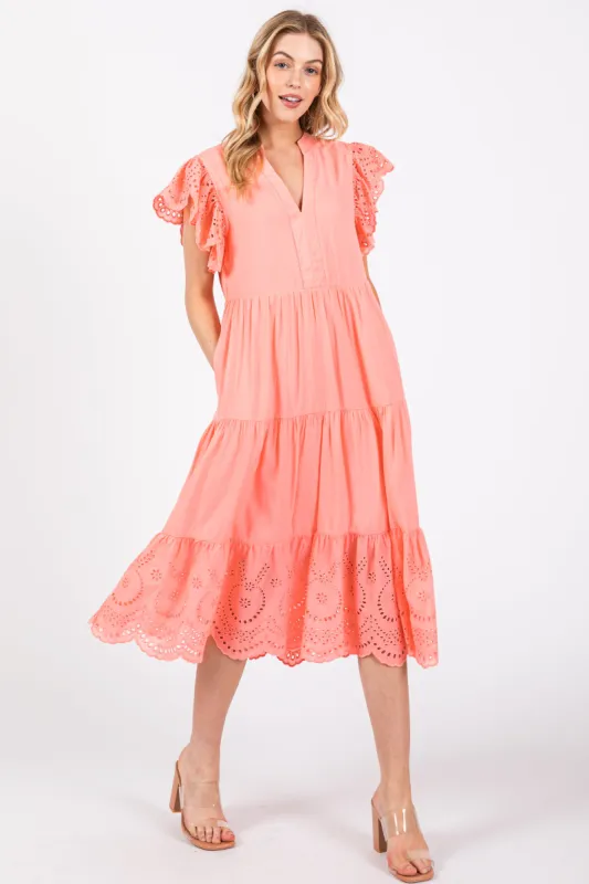 Peach V-Neck Eyelet Detail Ruffle Shoulder Tiered Midi Dress sold by Pinkblush