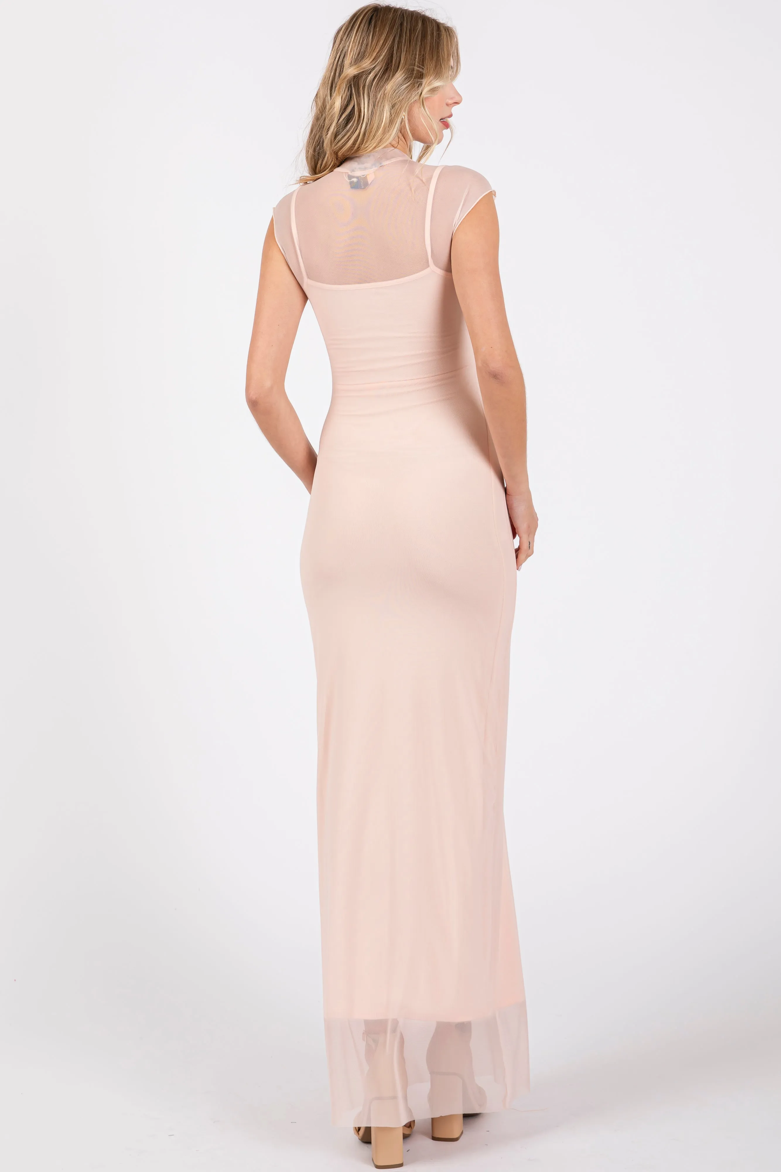 Light Pink Mock Neck Sleeveless Mesh Midi Dress sold by Pinkblush product image thumbnail 3